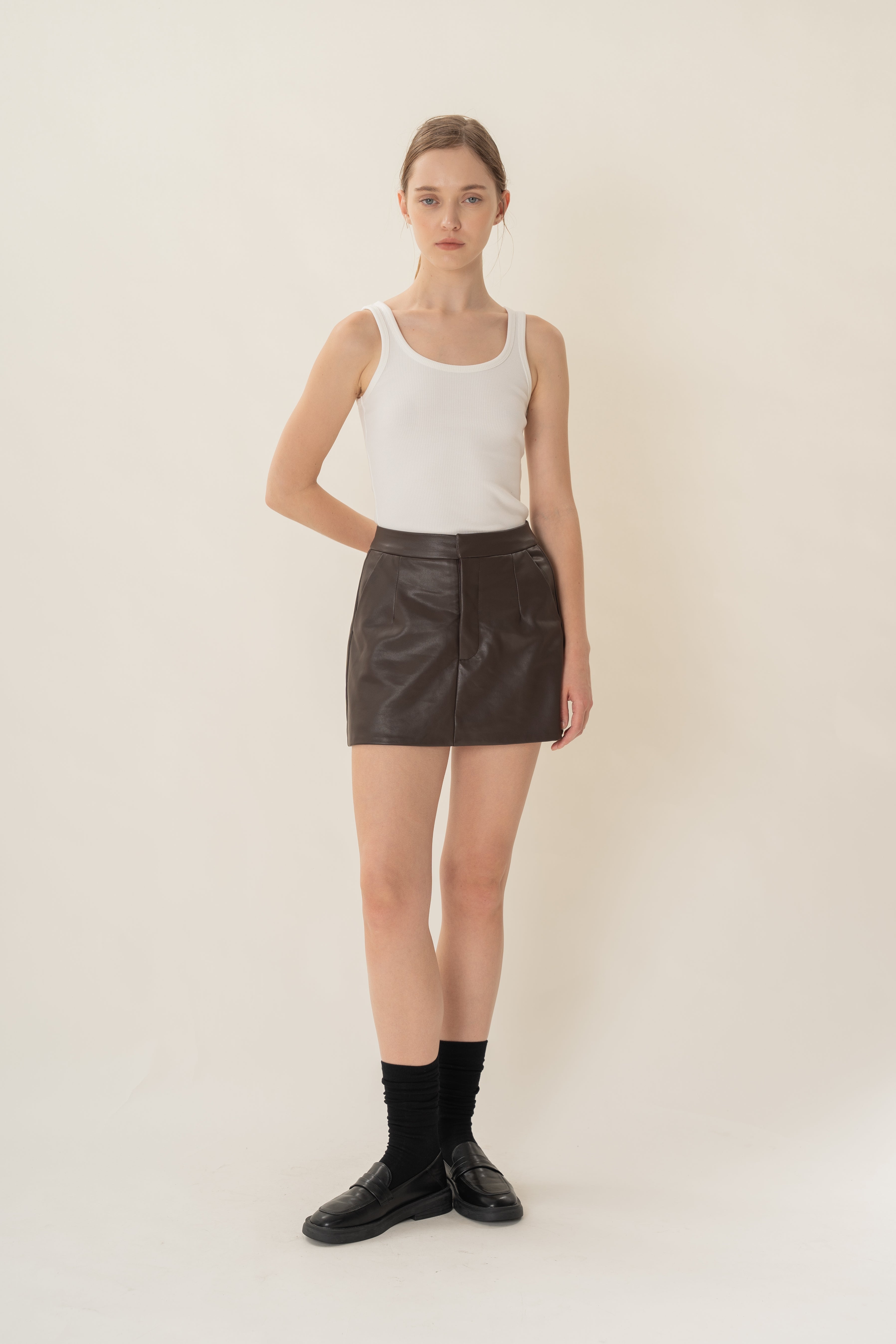 Faux Leather Skort in Umber