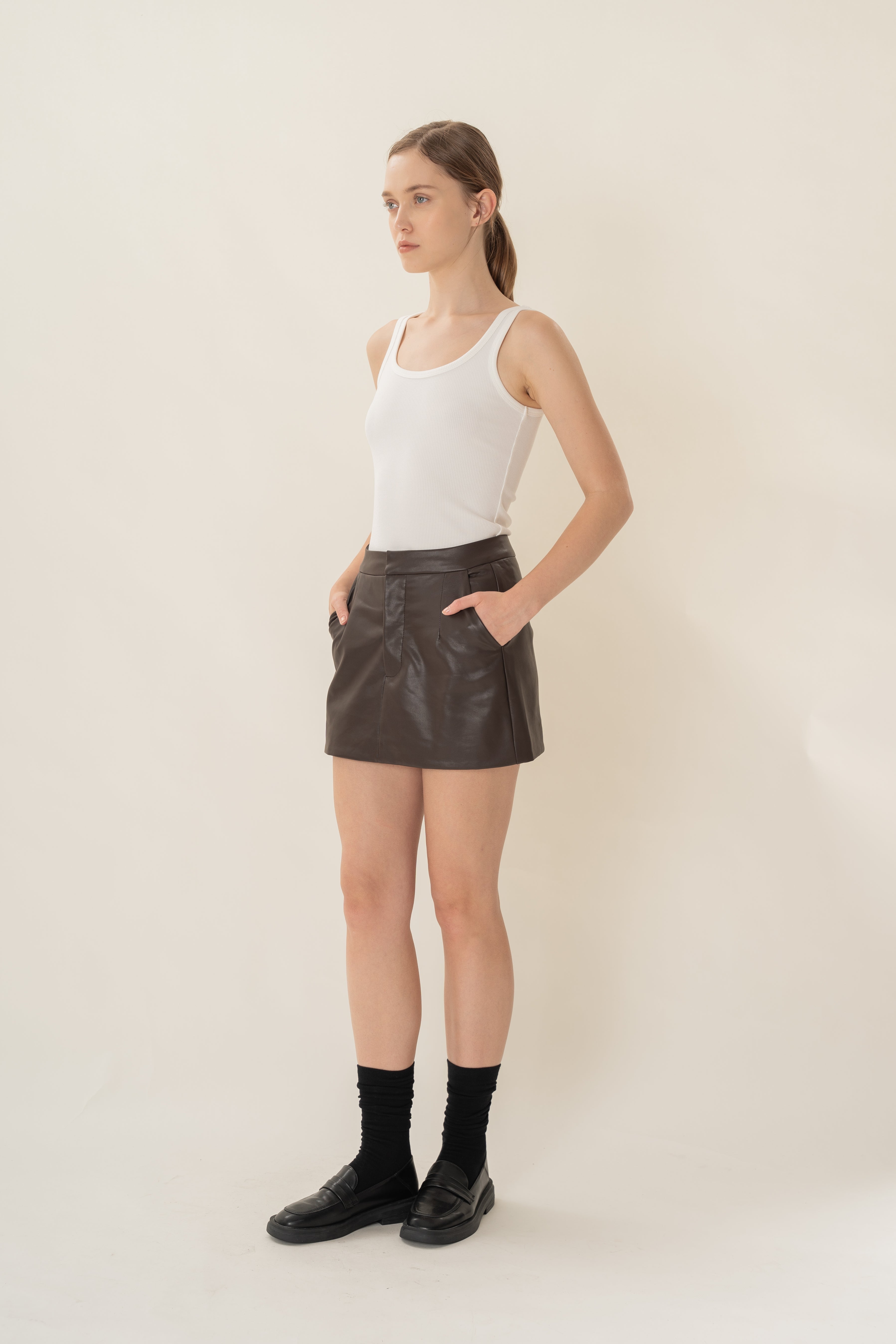 Faux Leather Skort in Umber