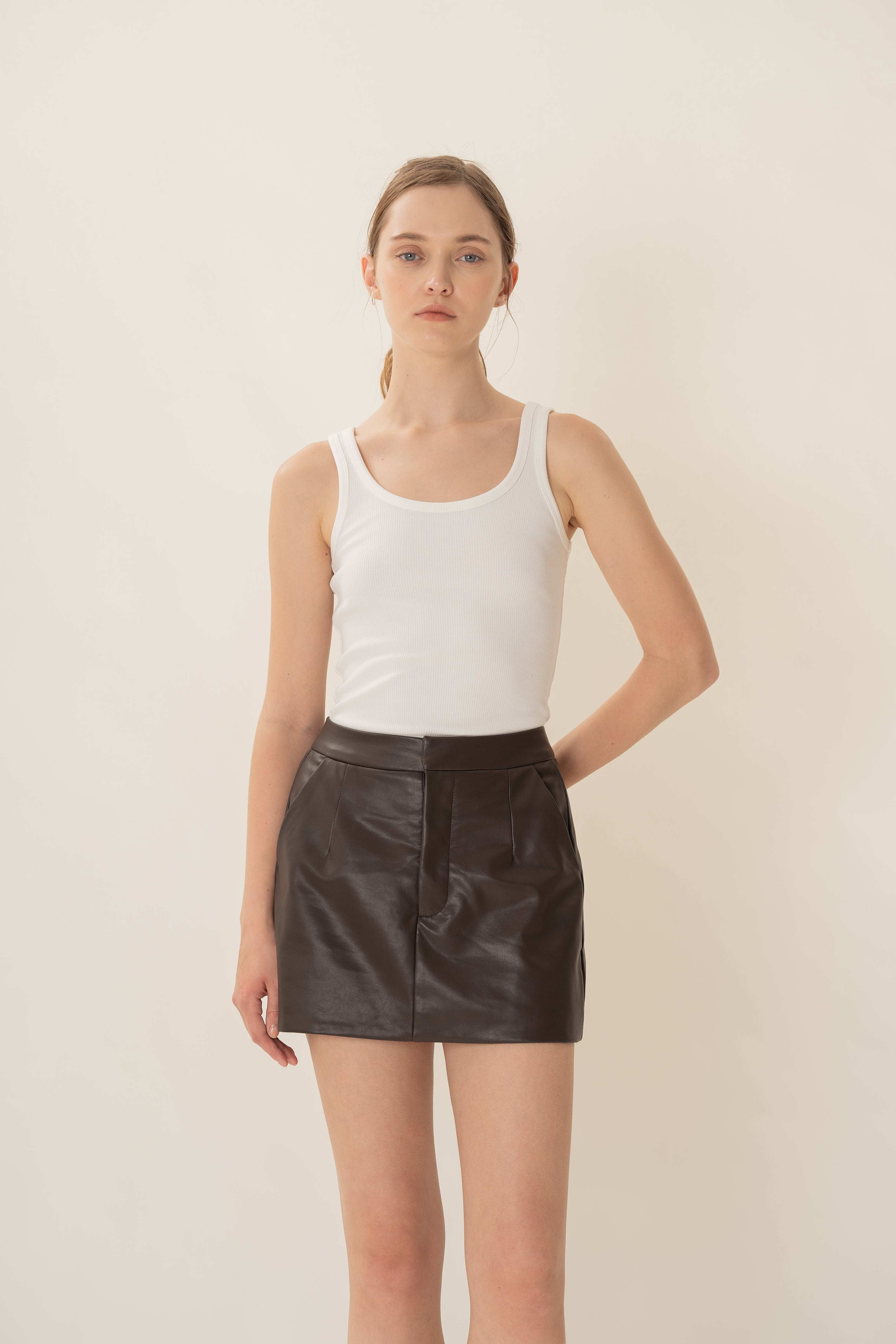 Faux Leather Skort in Umber