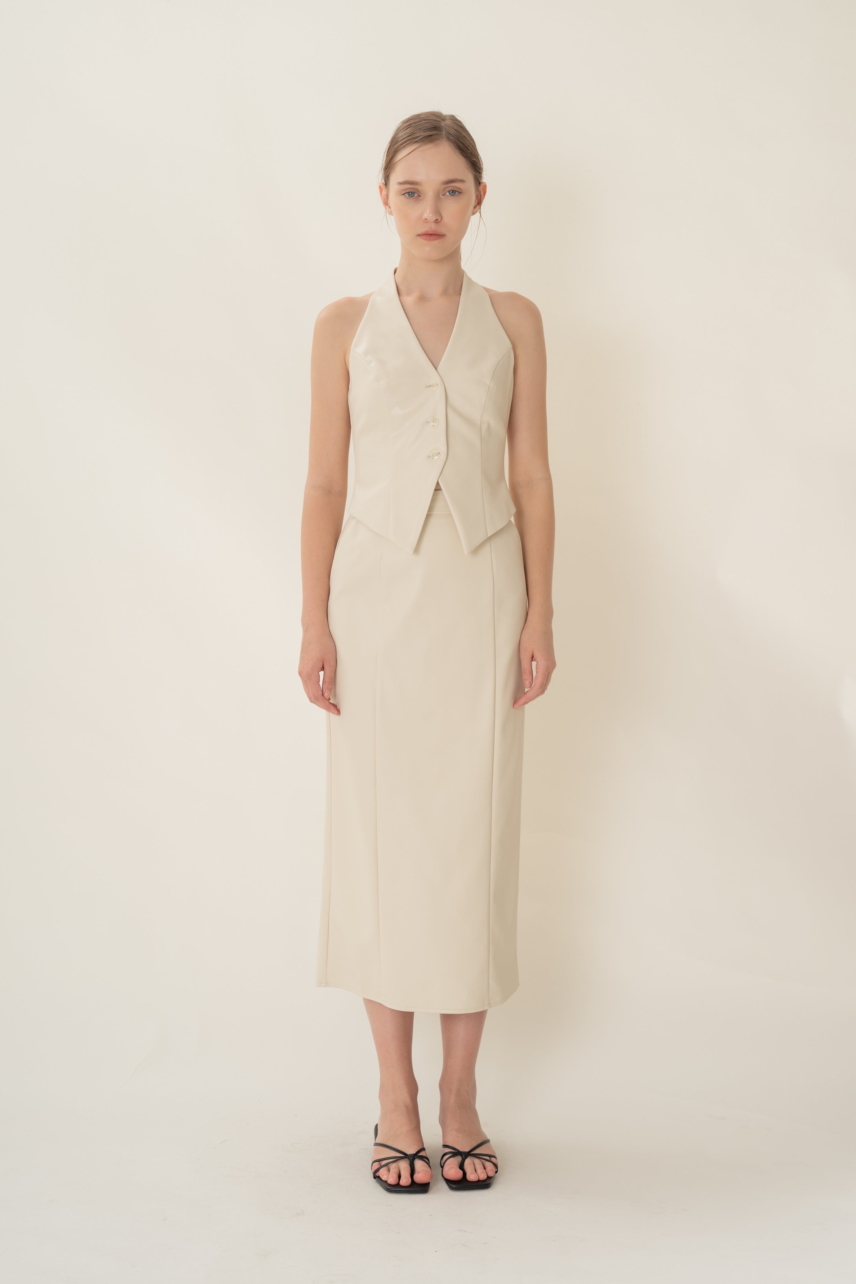 Faux Leather Straight Skirt in Ivory