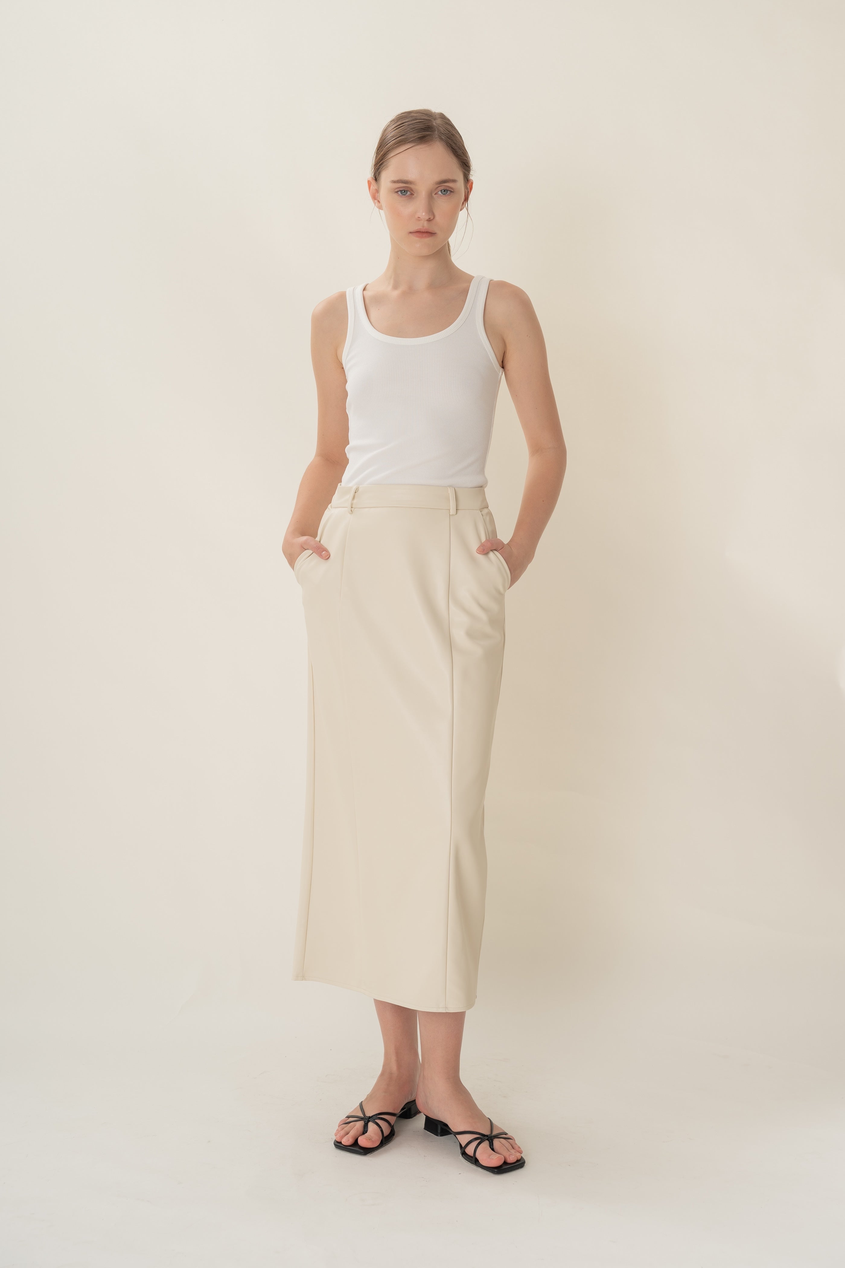 Faux Leather Straight Skirt in Ivory