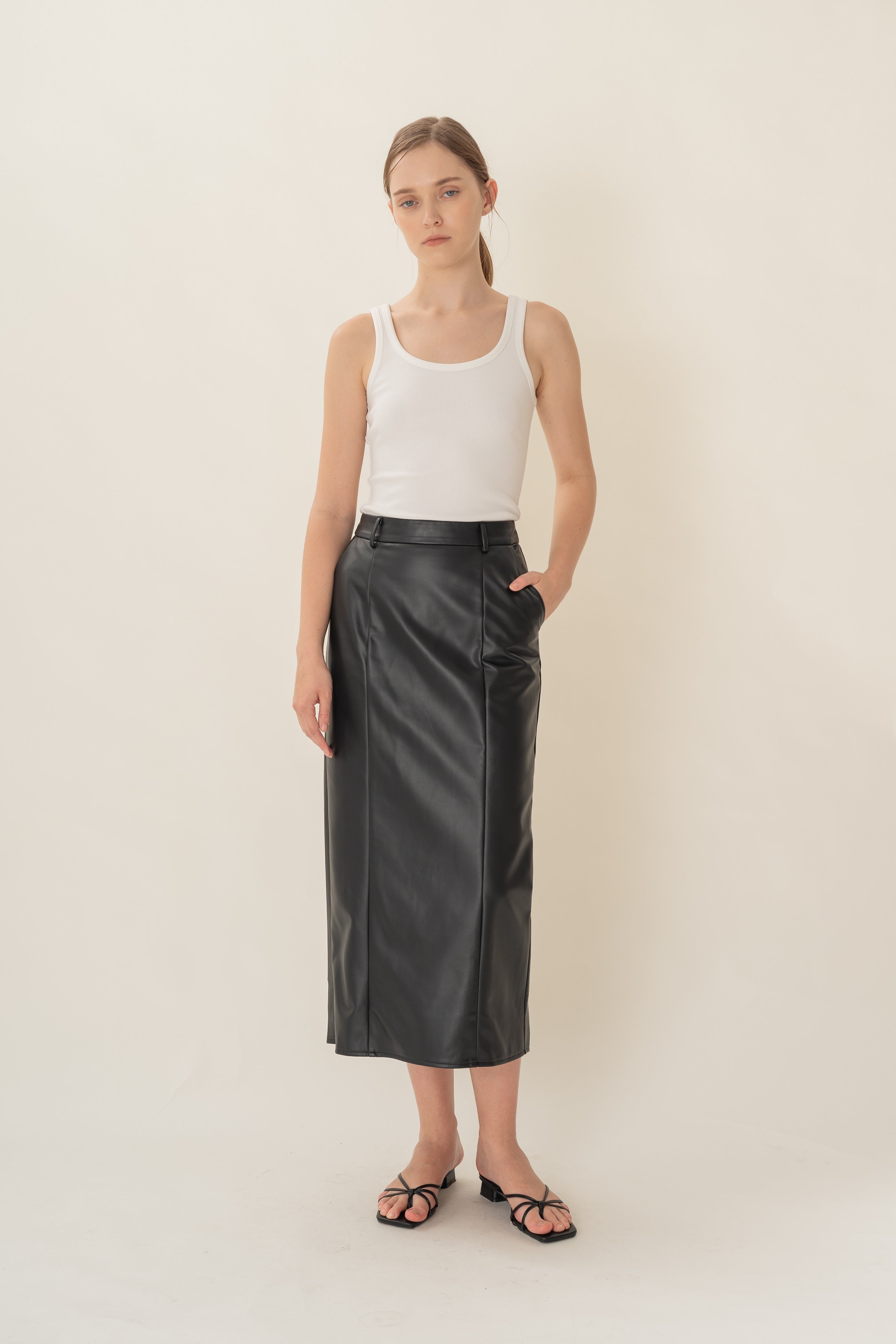 Faux Leather Straight Skirt in Black