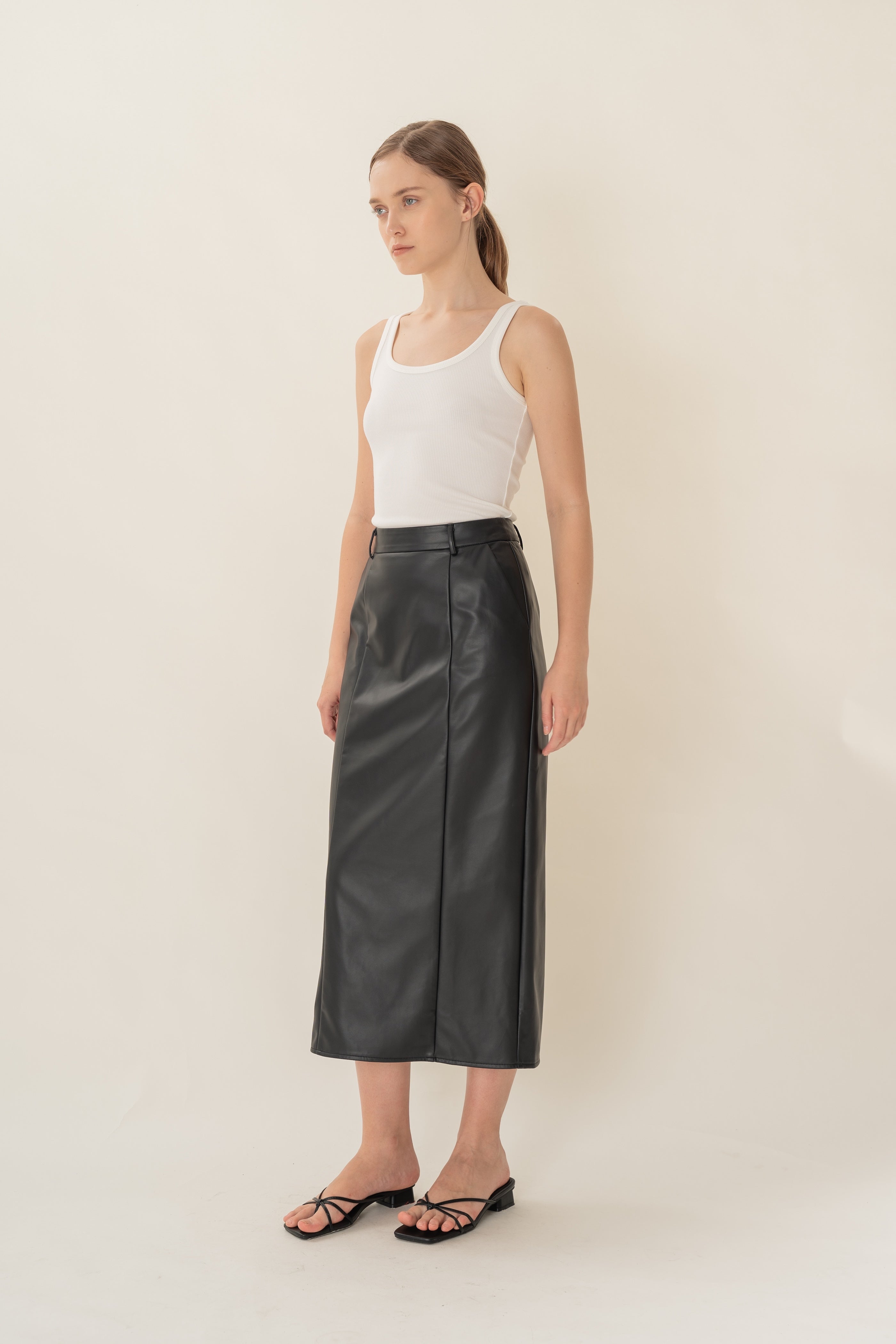 Faux Leather Straight Skirt in Black