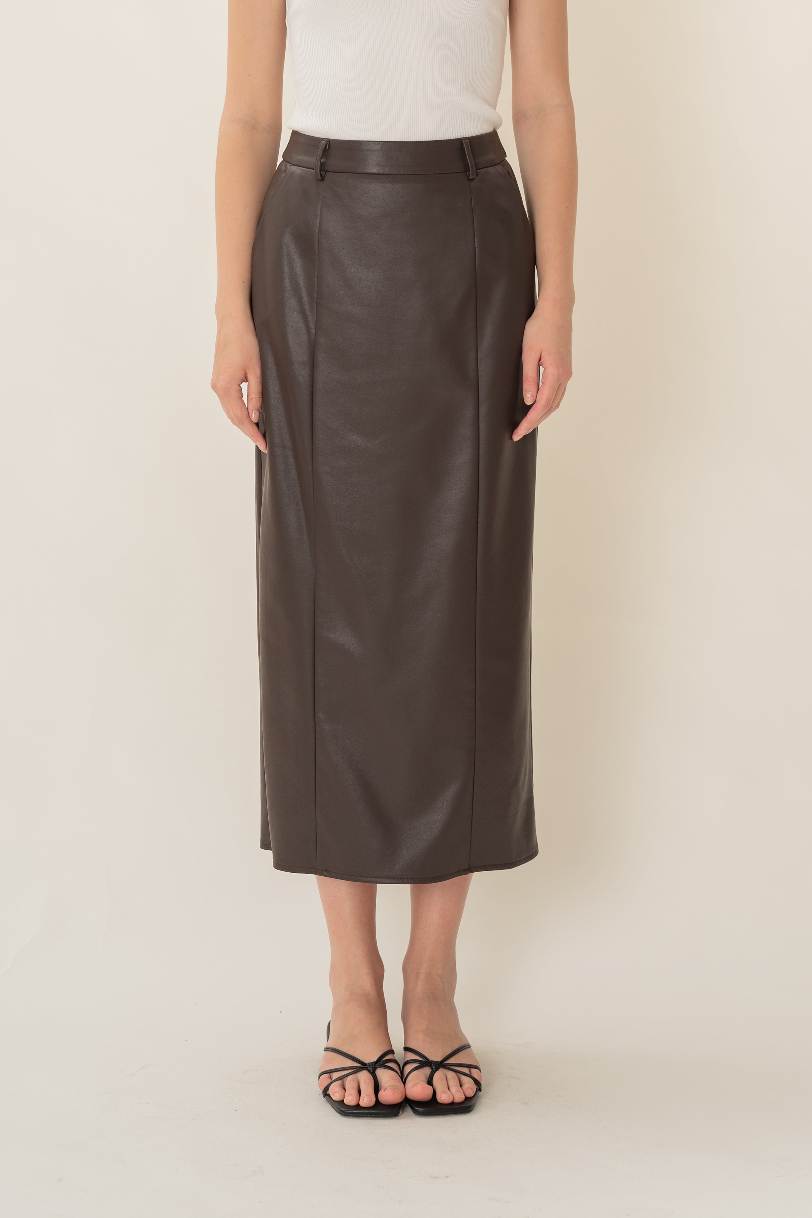 Faux Leather Straight Skirt in Umber