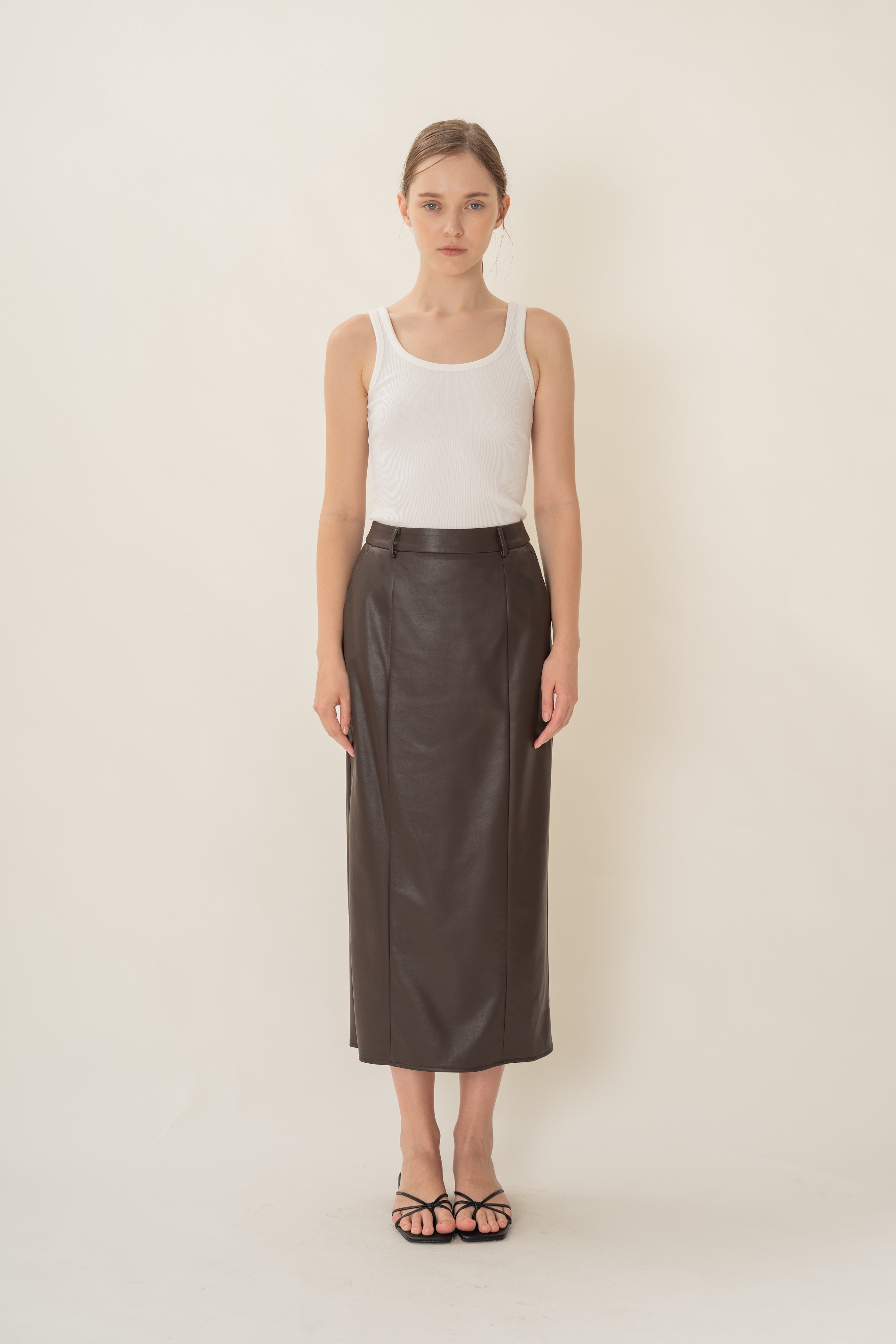 Faux Leather Straight Skirt in Umber