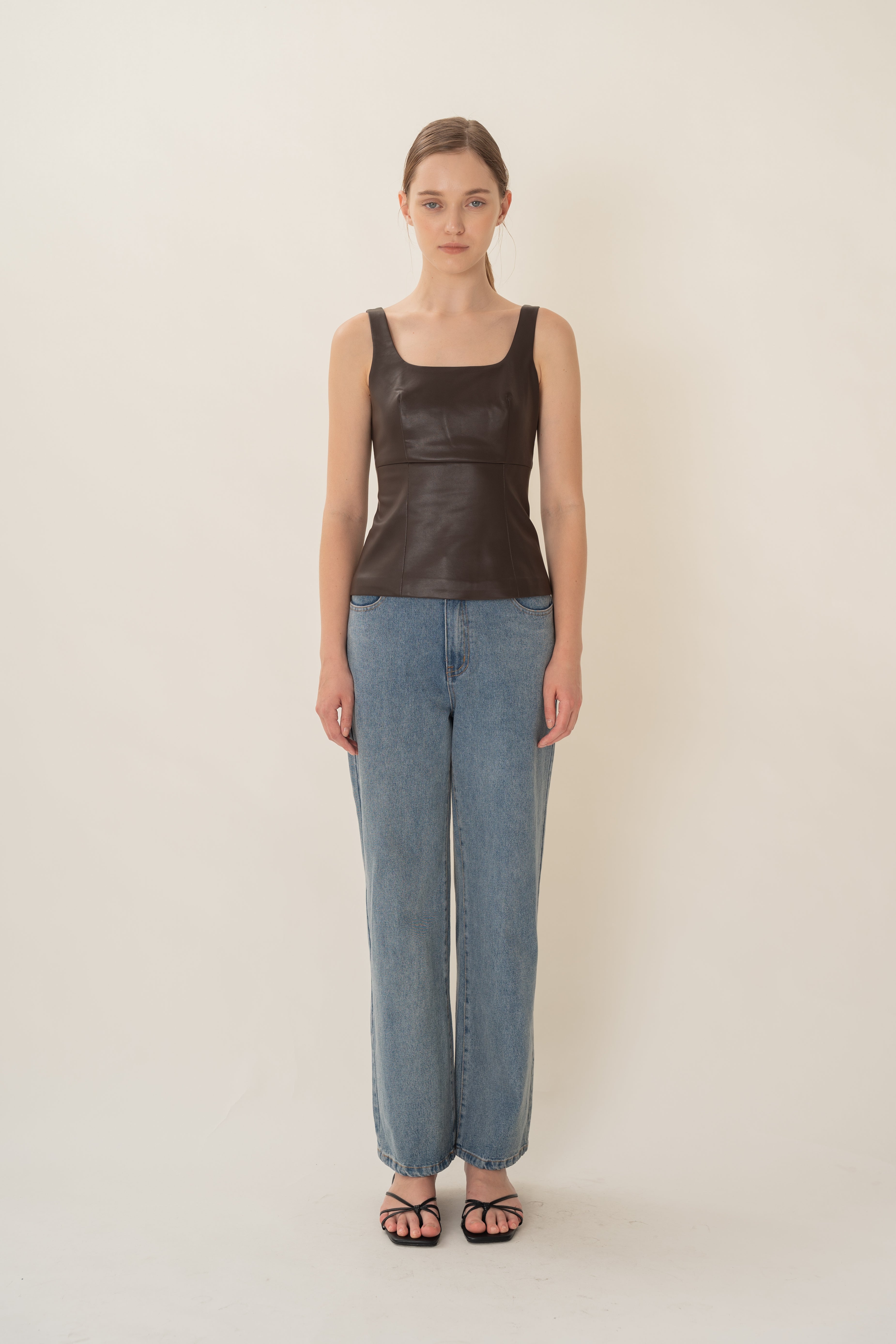 Faux Leather Scoop-Neck Top in Umber