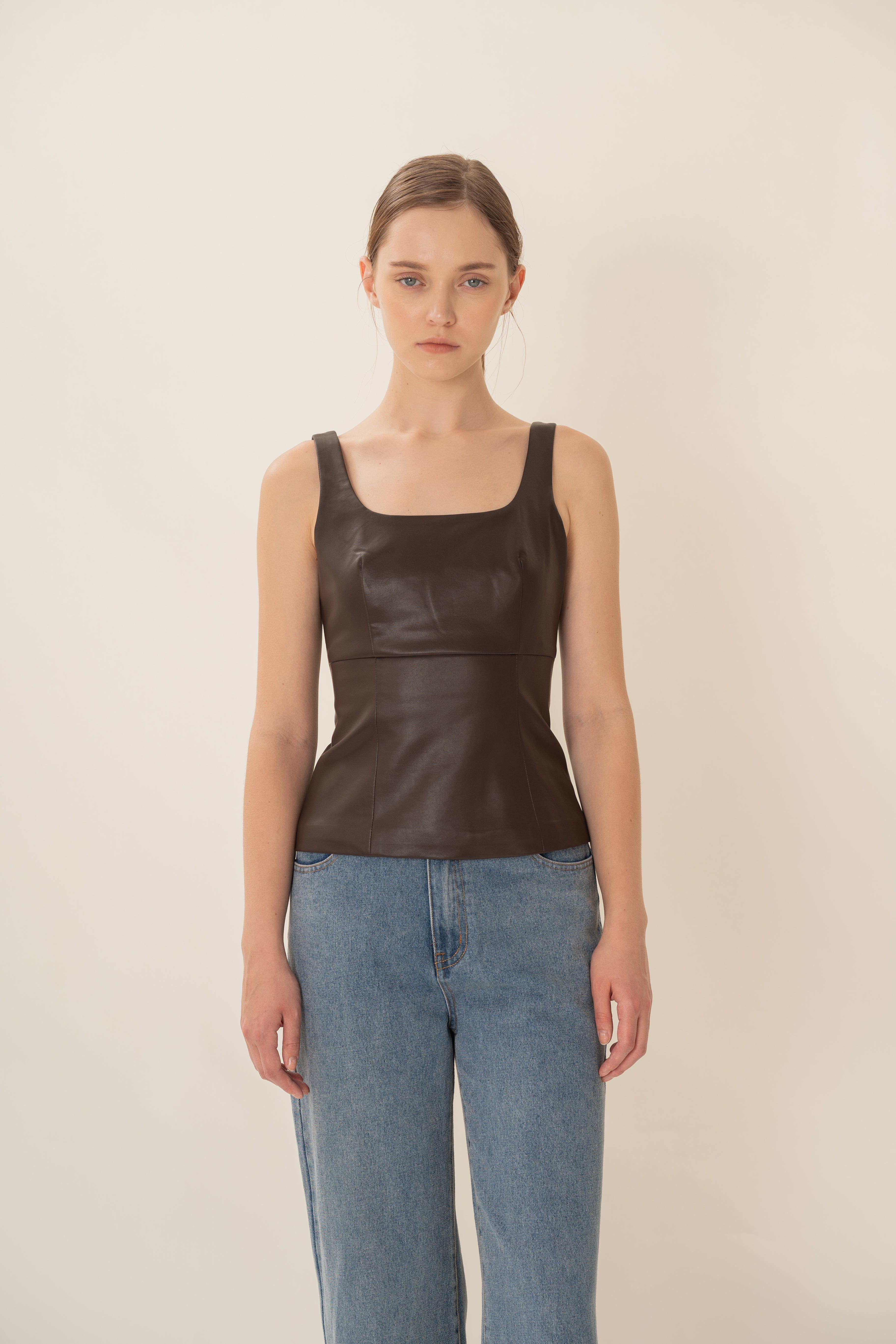 Faux Leather Scoop-Neck Top in Umber
