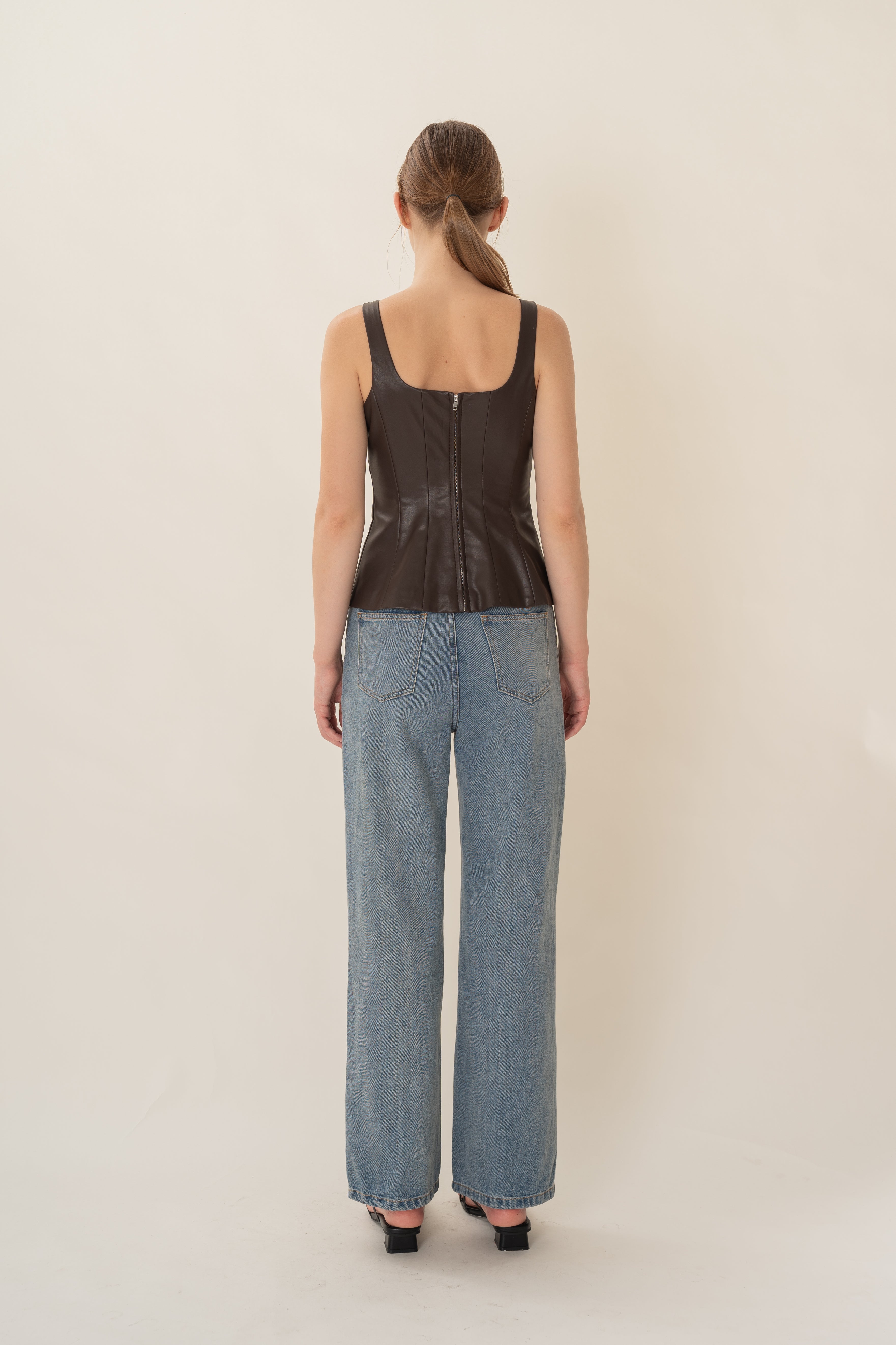 Faux Leather Scoop-Neck Top in Umber