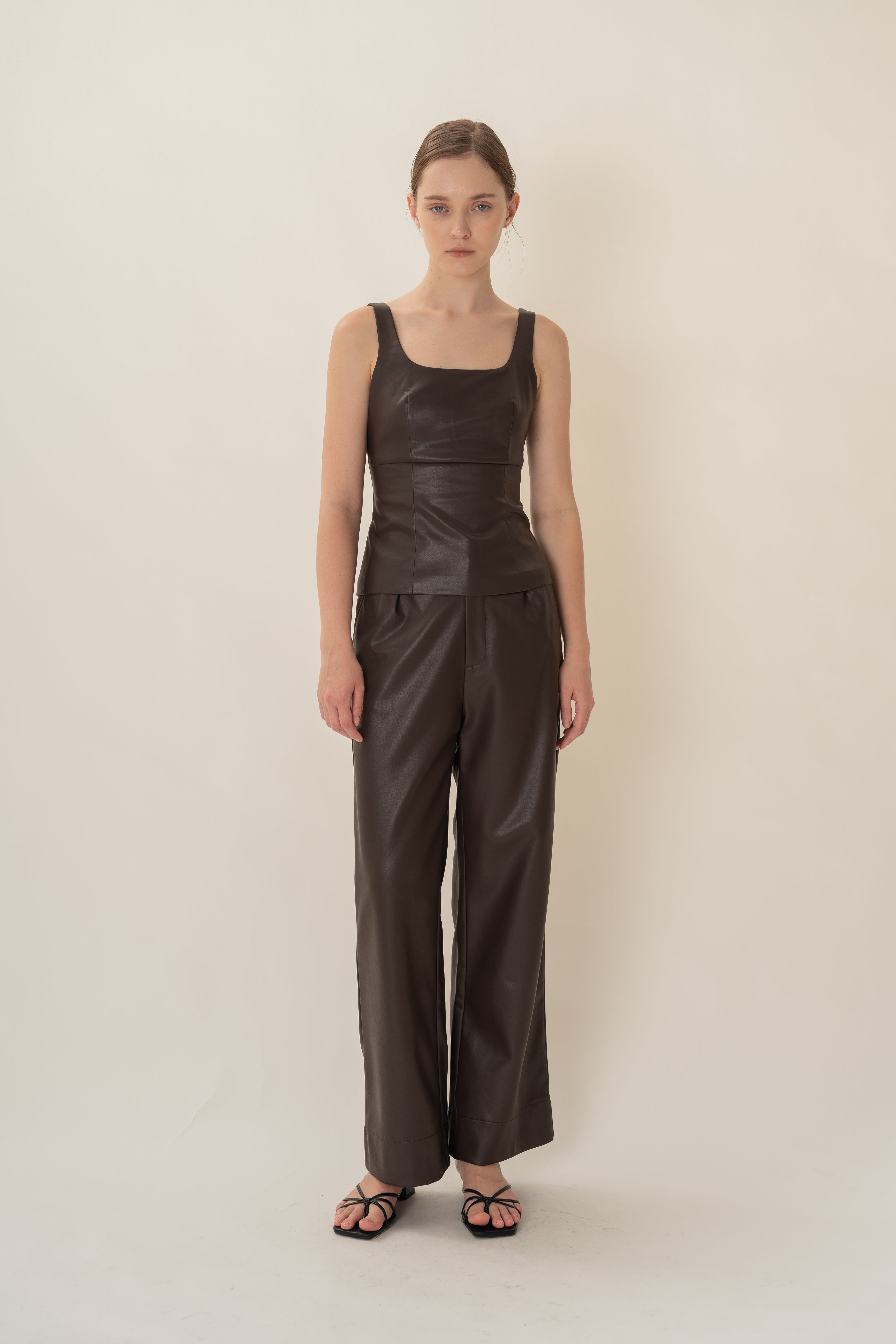 Faux Leather Scoop-Neck Top in Umber