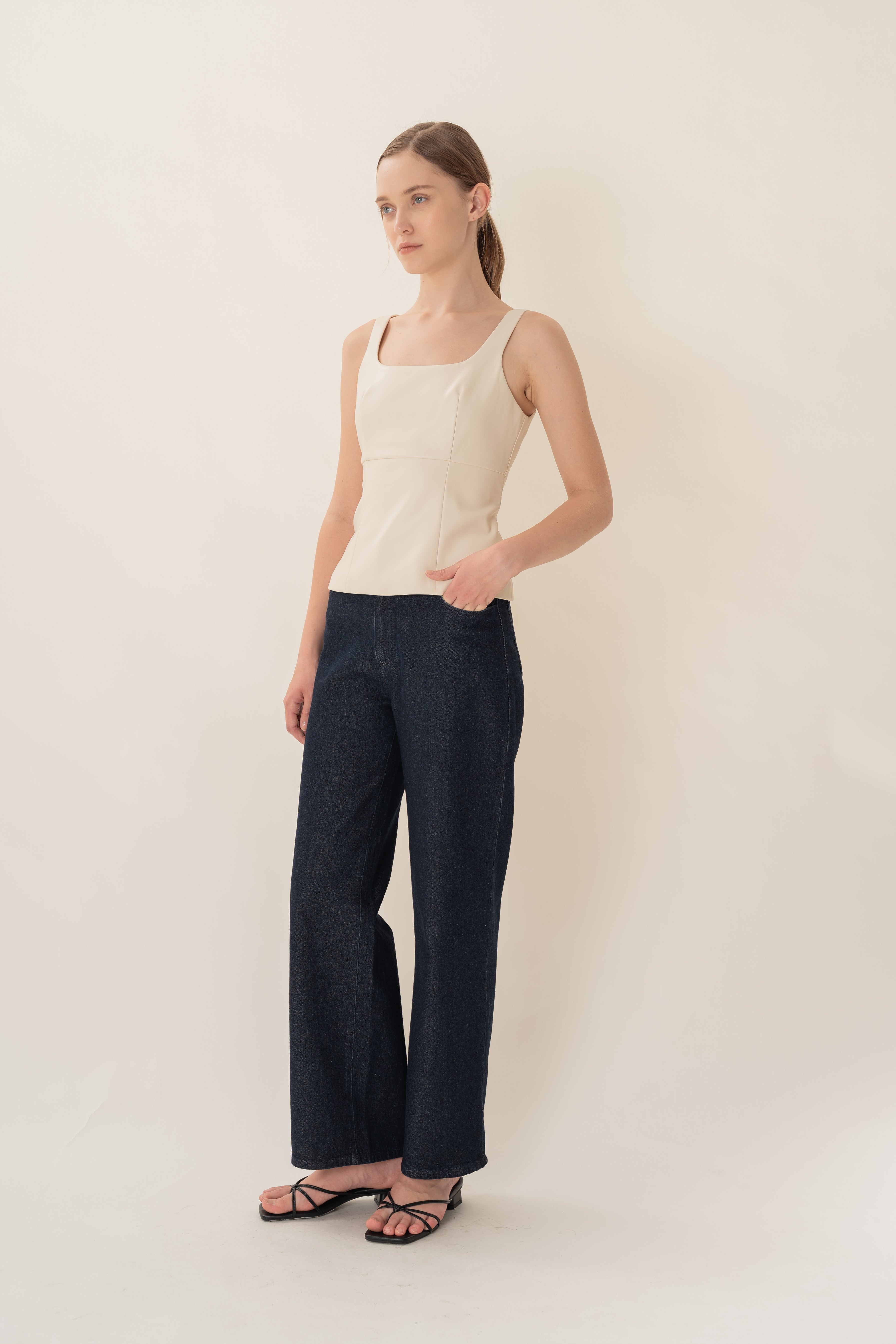 Faux Leather Scoop-Neck Top in Ivory