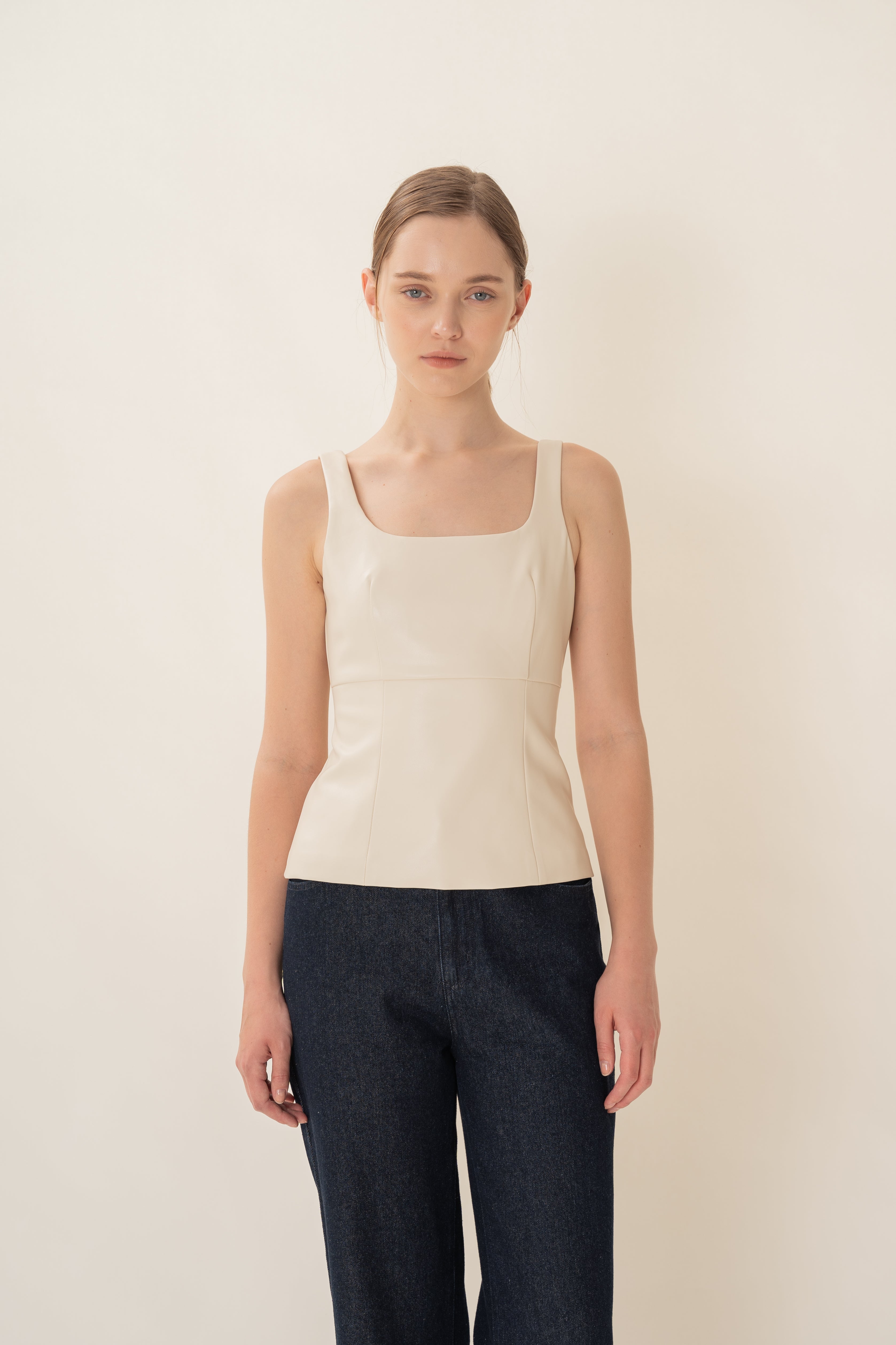 Faux Leather Scoop-Neck Top in Ivory