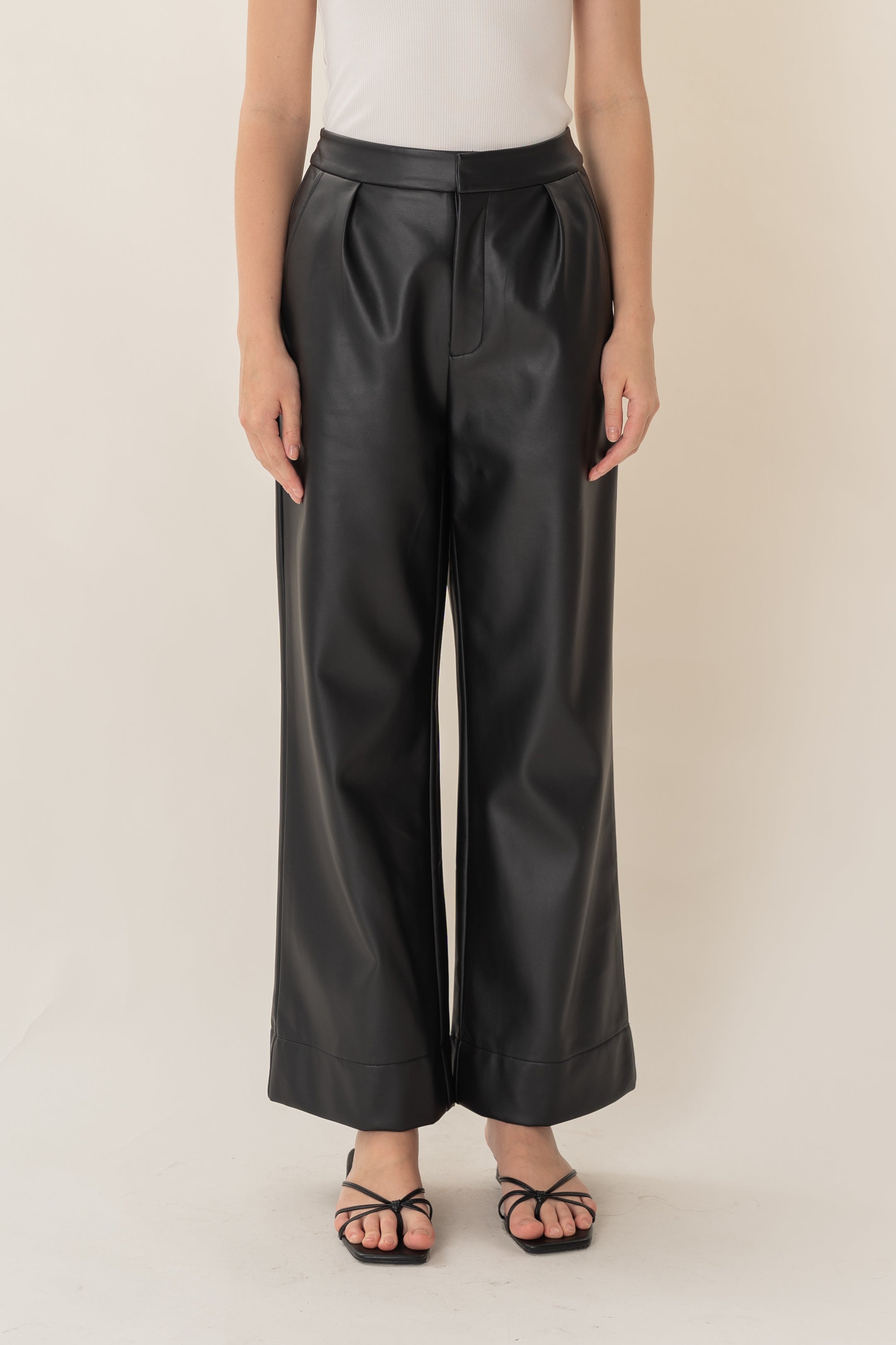 Faux Leather Pleated Trousers in Black