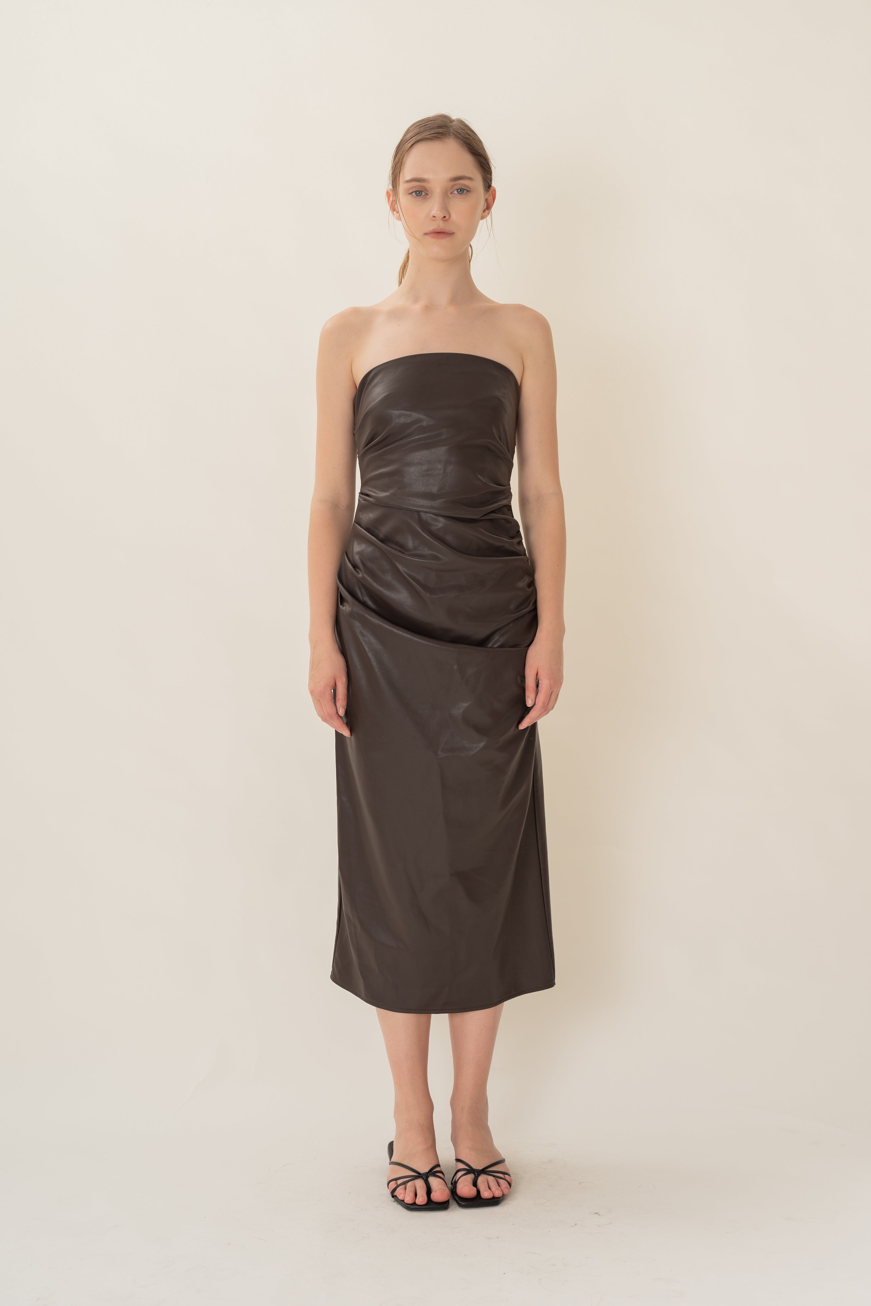 Faux Leather Ruched Bandeau Dress in Umber