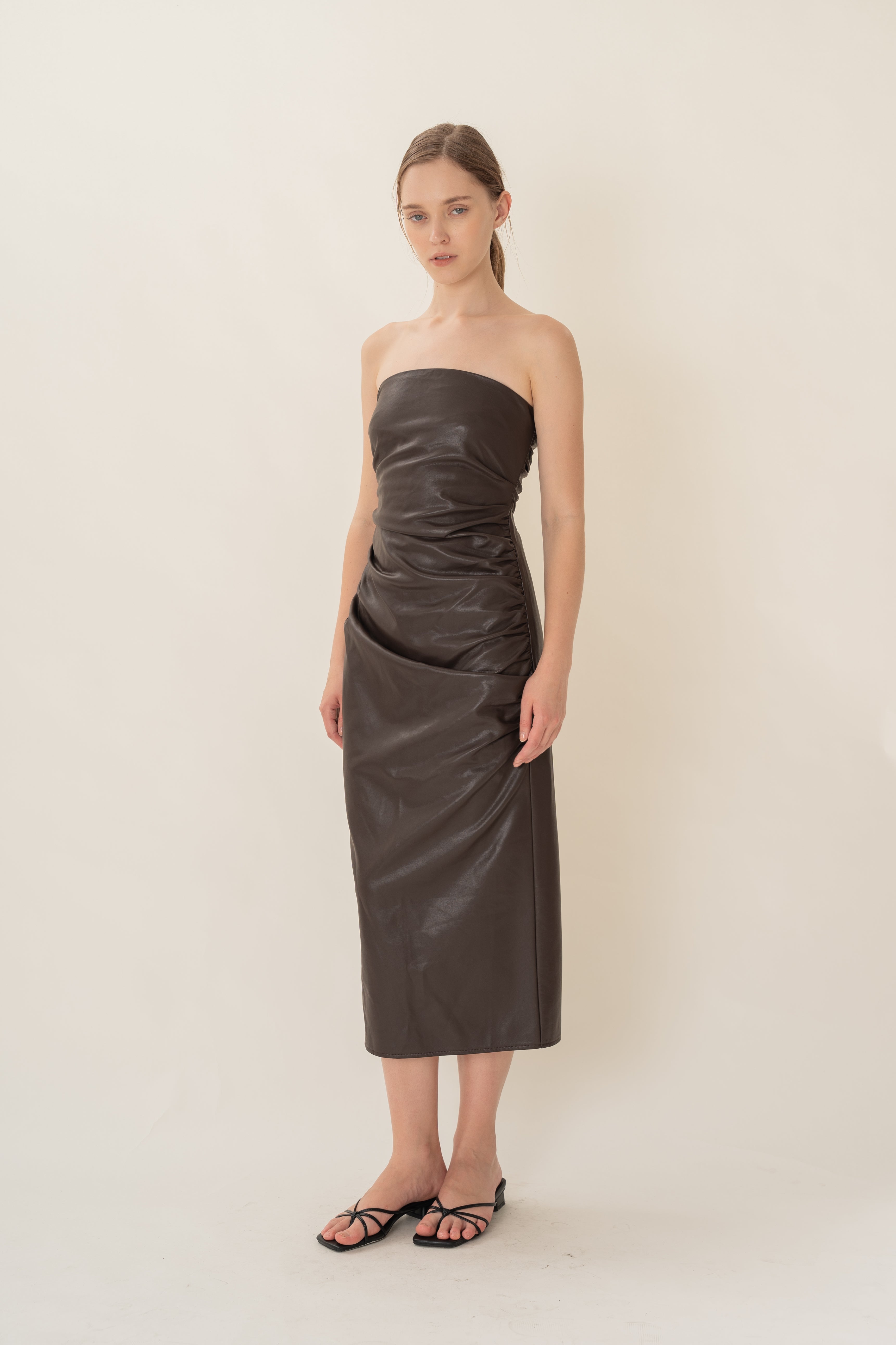 Faux Leather Ruched Bandeau Dress in Umber