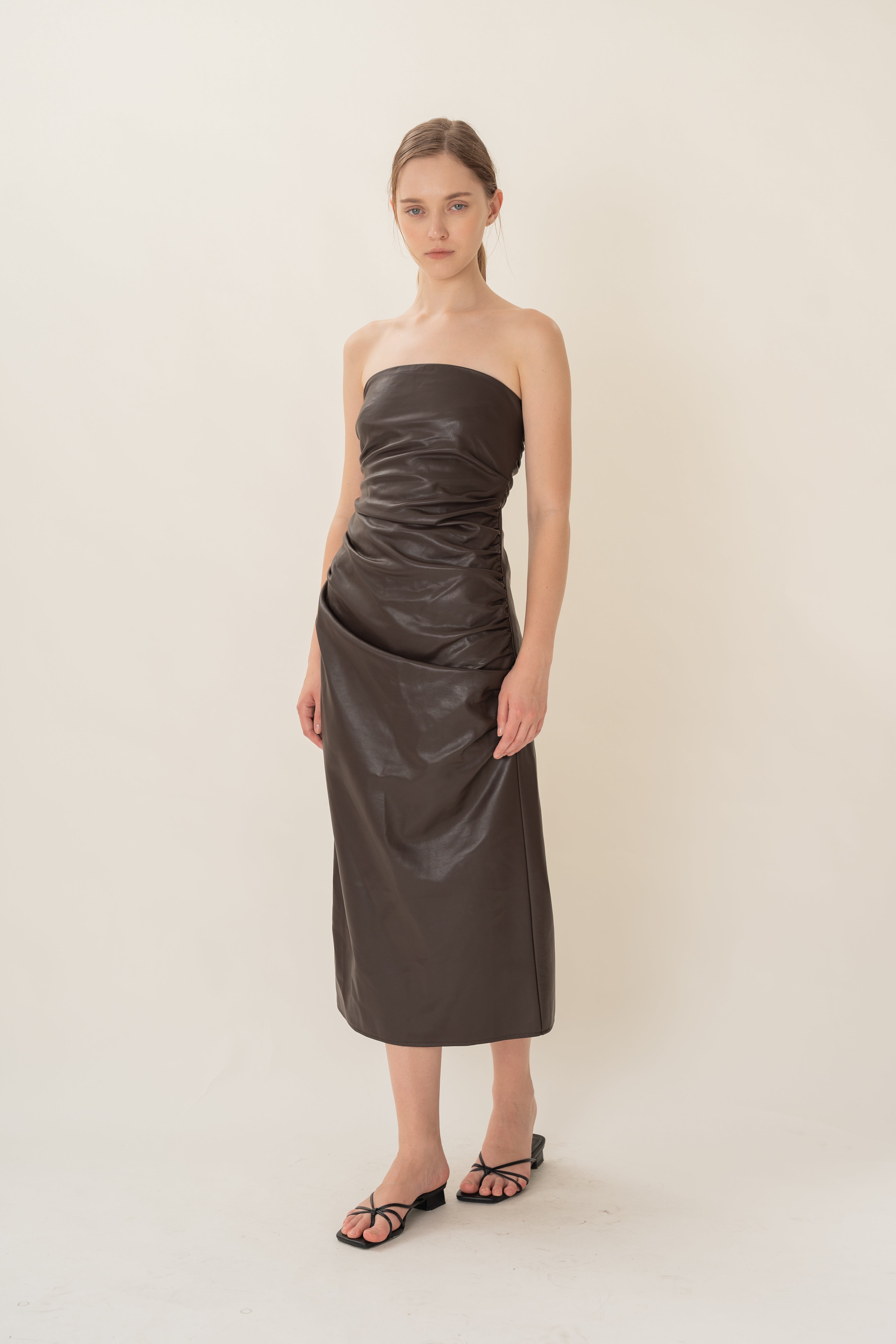 Faux Leather Ruched Bandeau Dress in Umber
