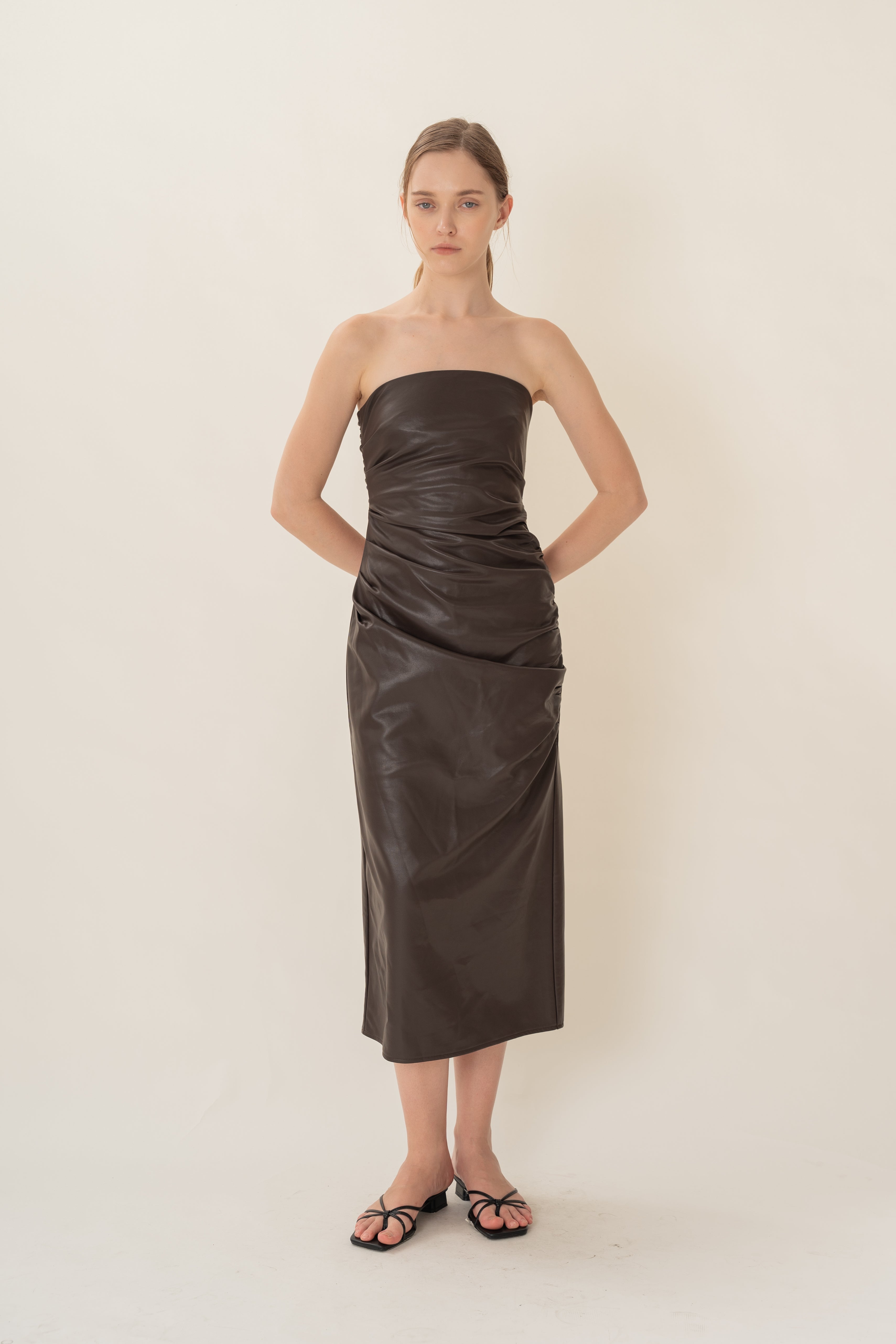 Faux Leather Ruched Bandeau Dress in Umber