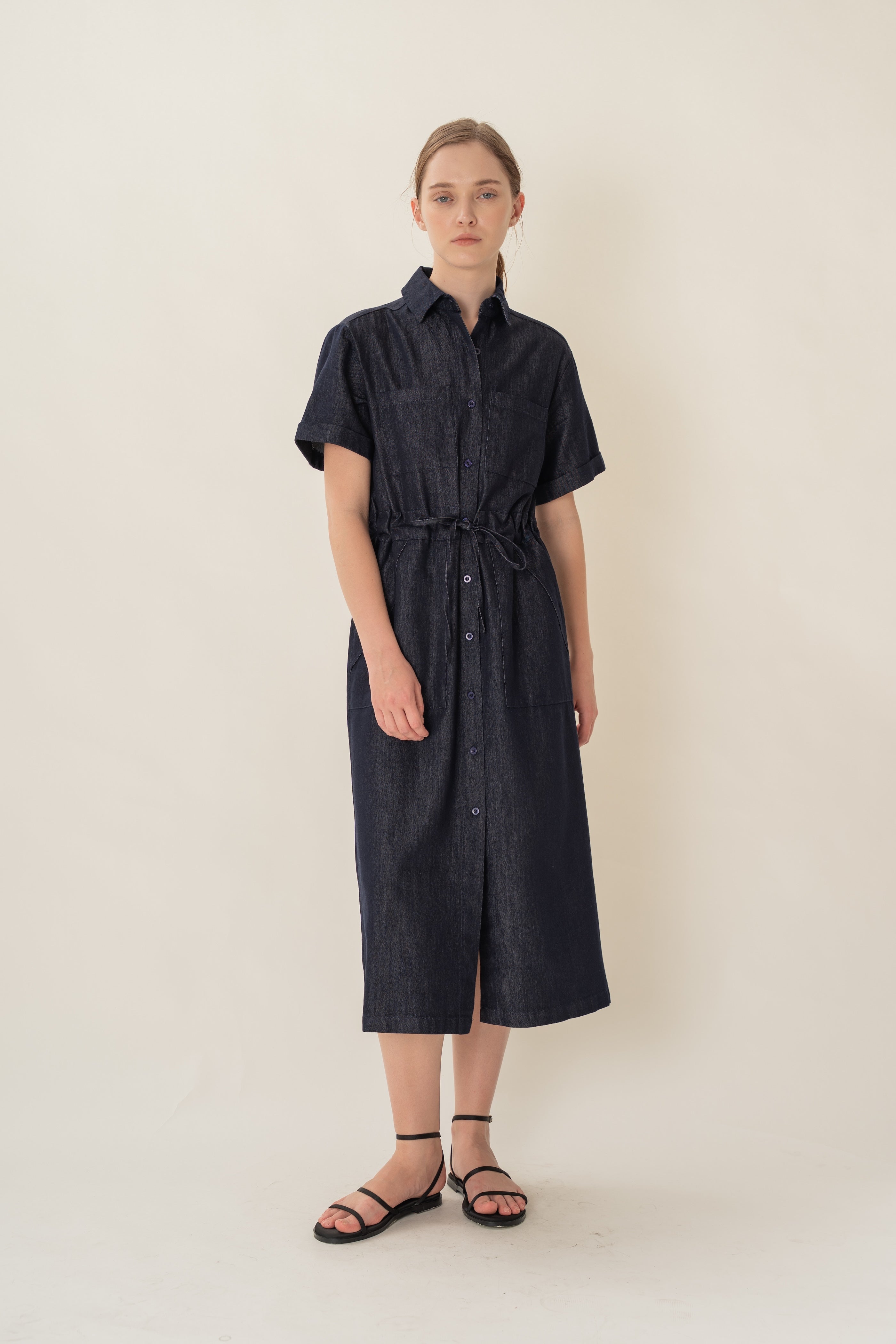 Denim Belted Midi Shirt Dress in Dark Wash