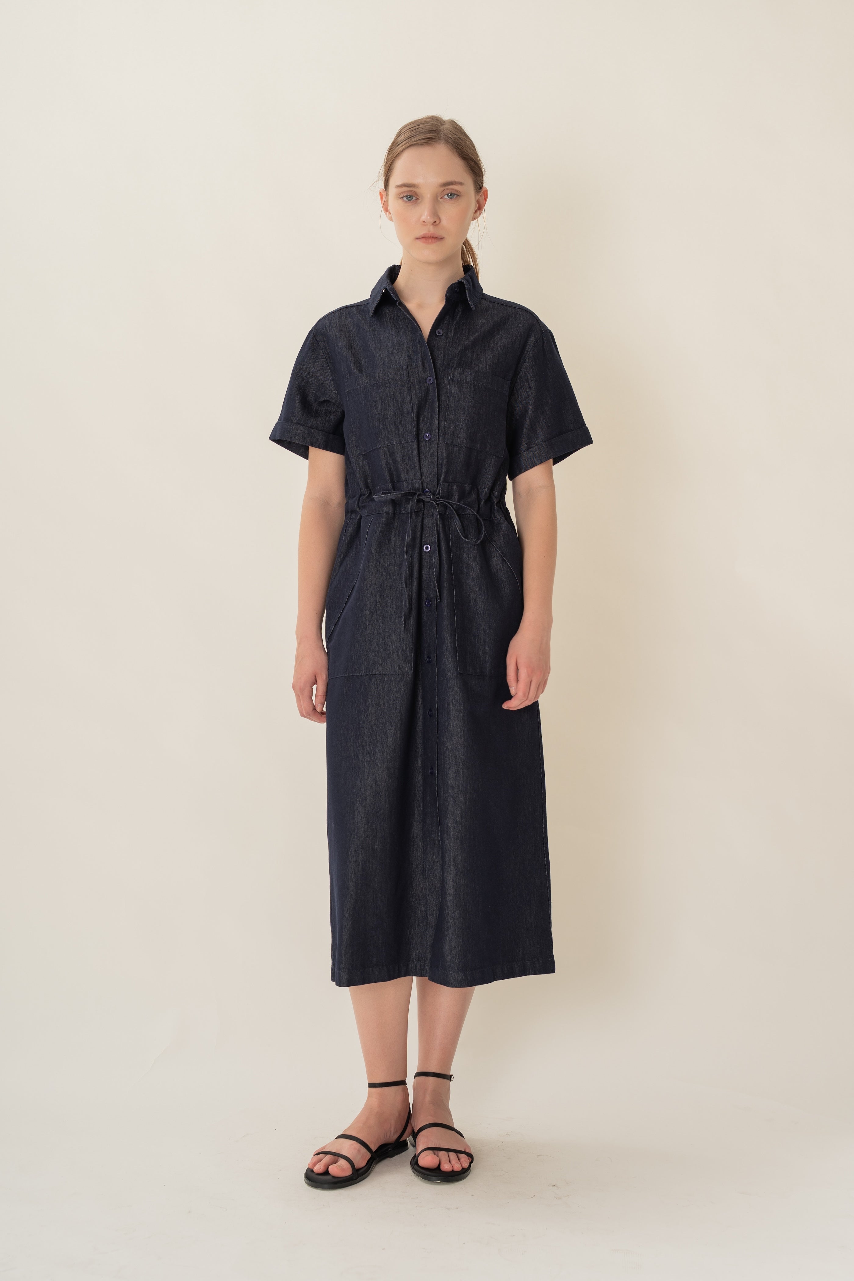 Denim Belted Midi Shirt Dress in Dark Wash