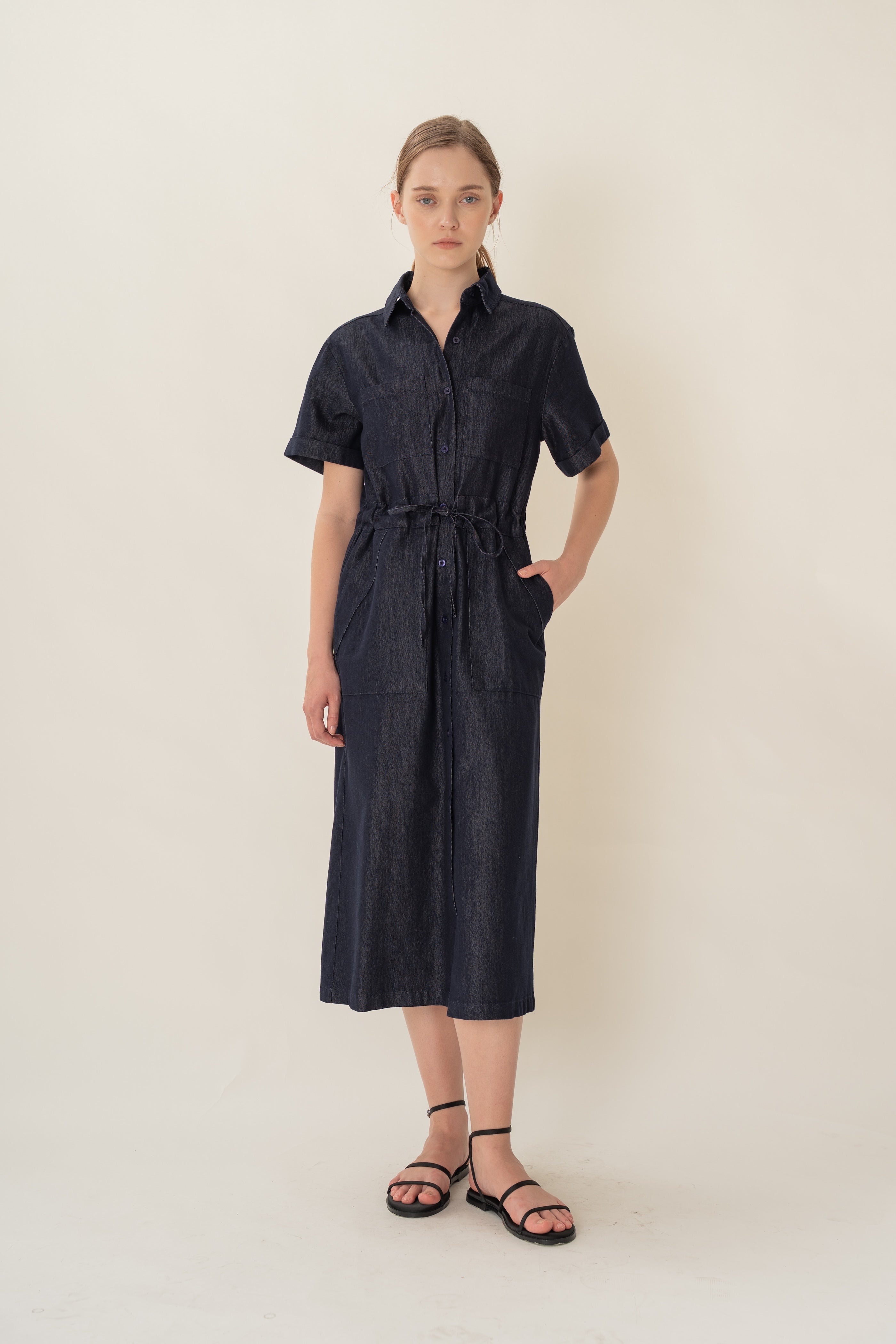 Denim Belted Midi Shirt Dress in Dark Wash