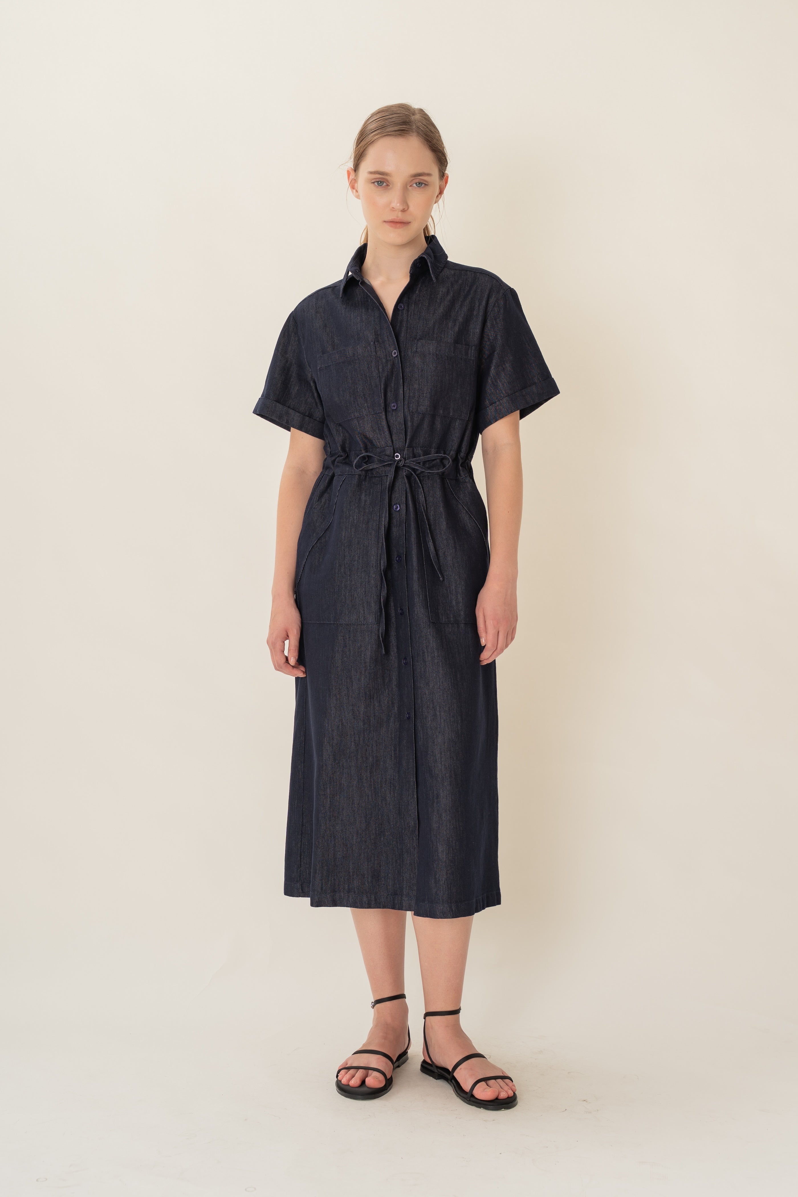 Denim Belted Midi Shirt Dress in Dark Wash