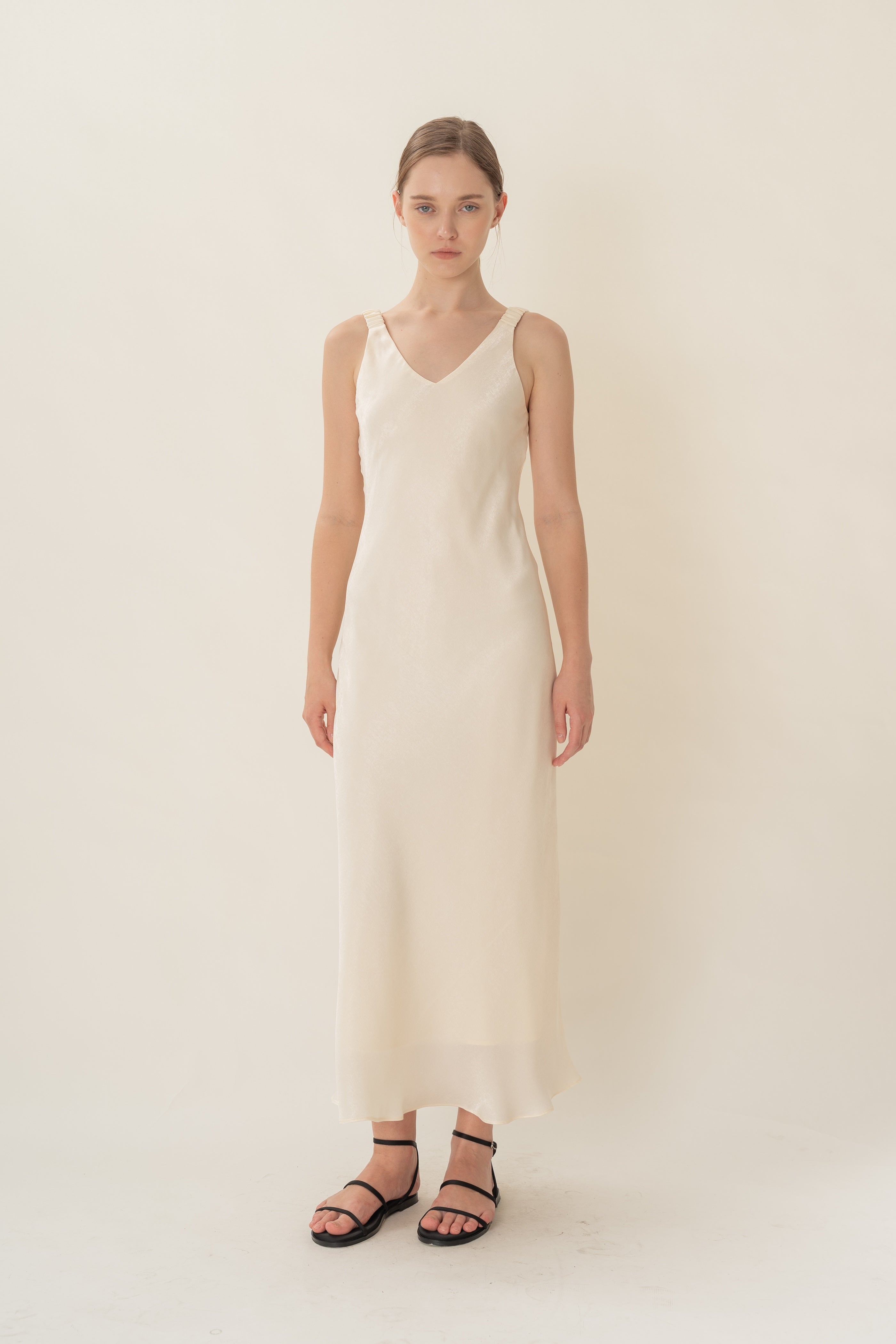 V Neck Slip Dress With Ruched Straps in Ivory