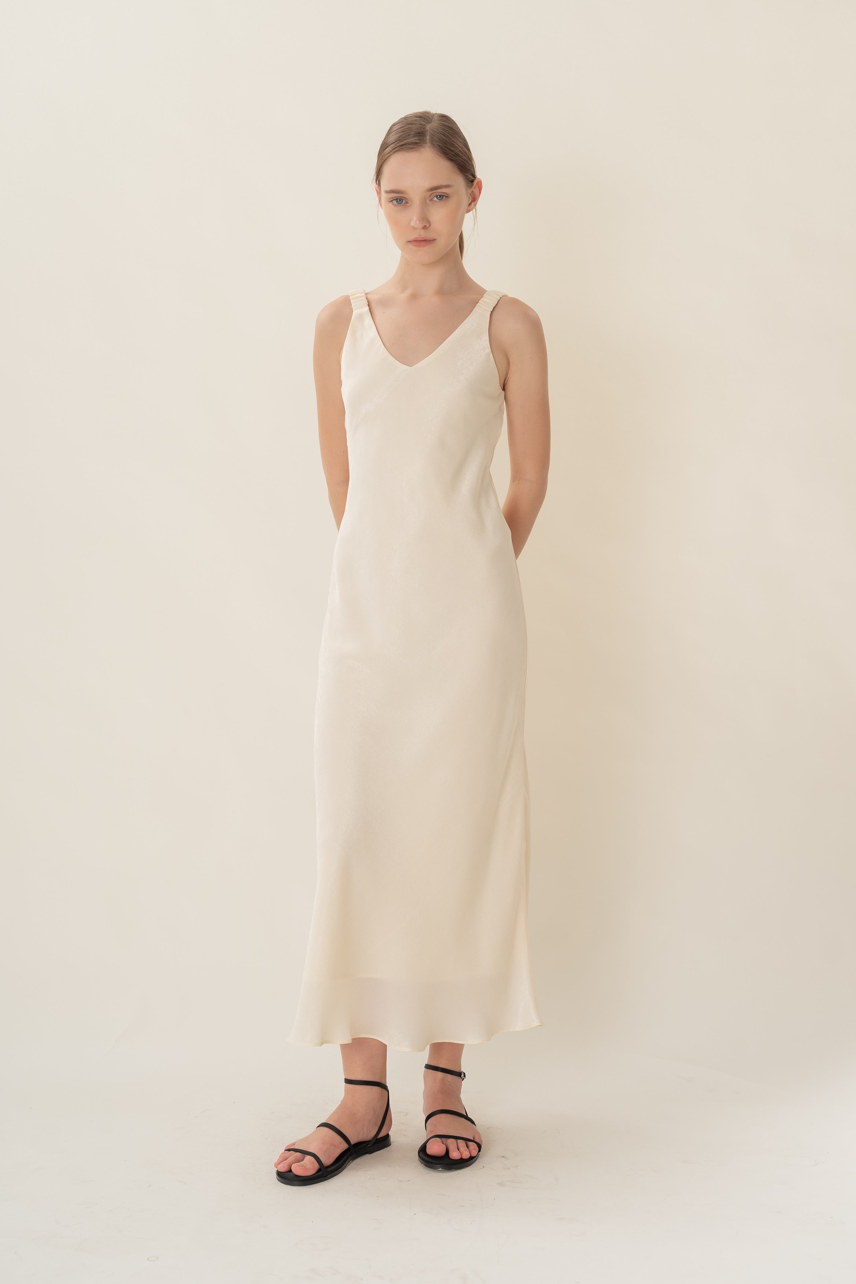 V Neck Slip Dress With Ruched Straps in Ivory