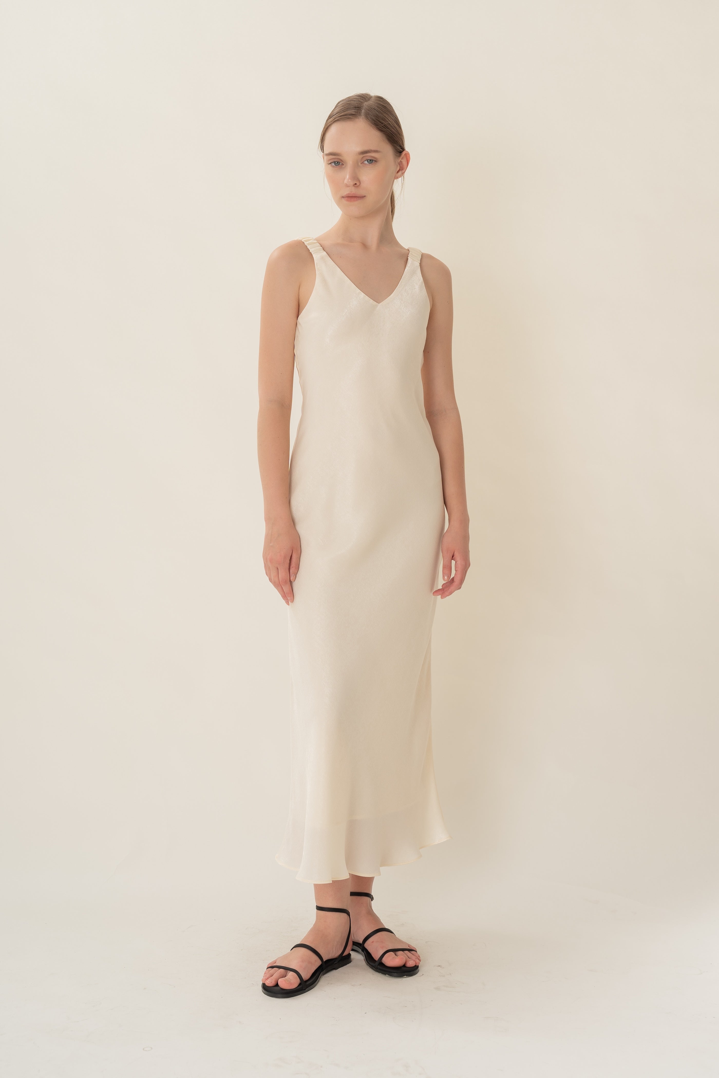 V Neck Slip Dress With Ruched Straps in Ivory