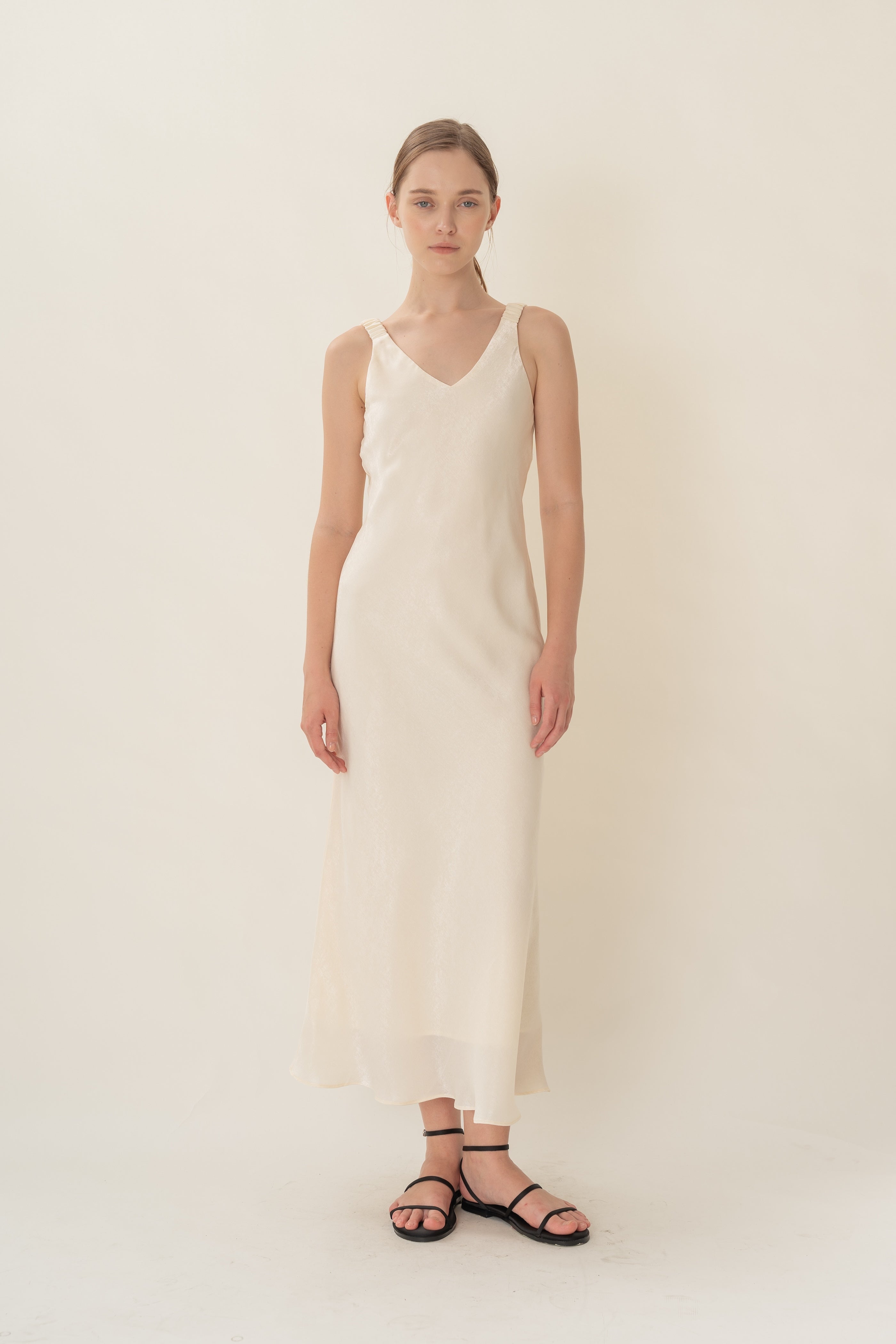 V Neck Slip Dress With Ruched Straps in Ivory