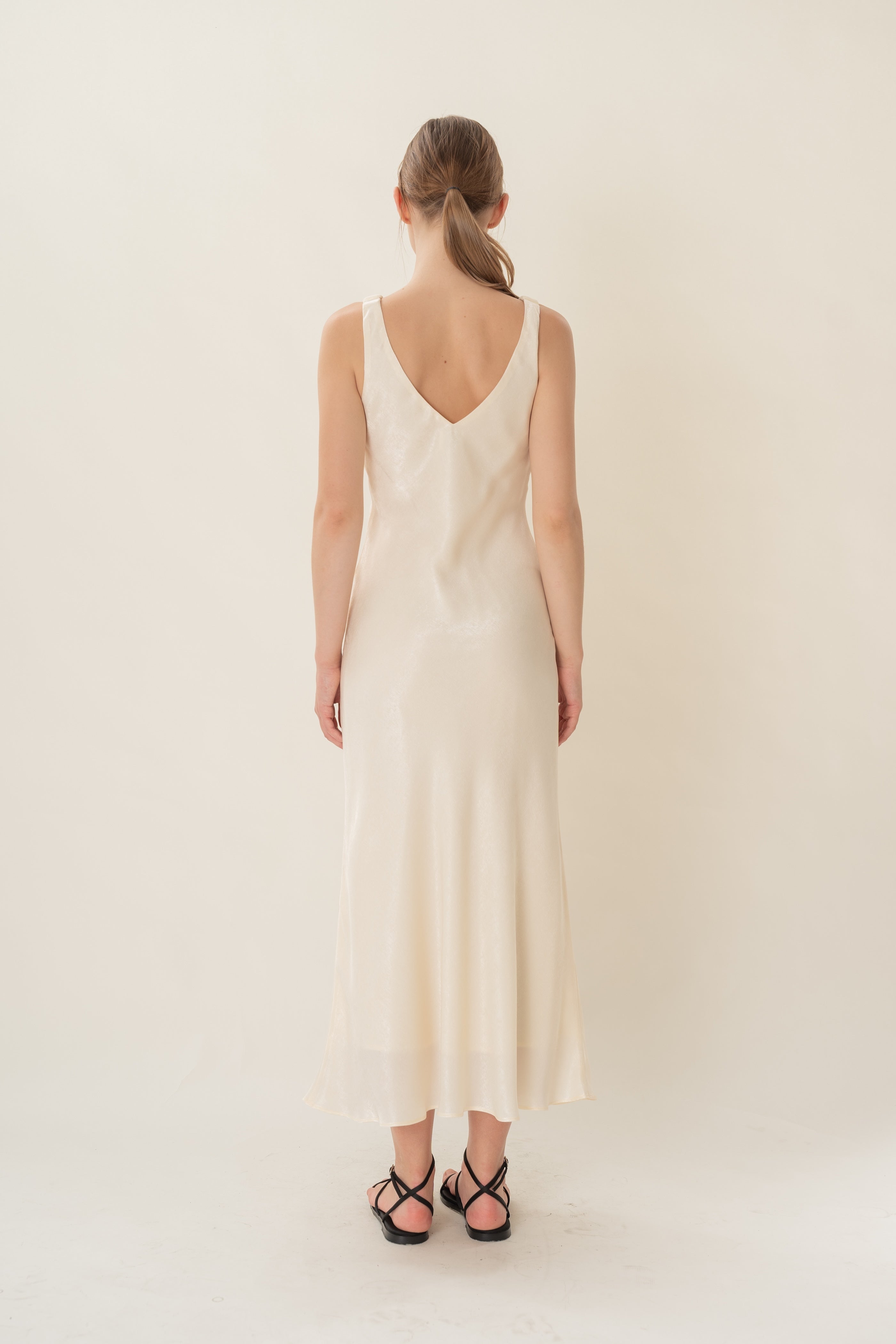 V Neck Slip Dress With Ruched Straps in Ivory