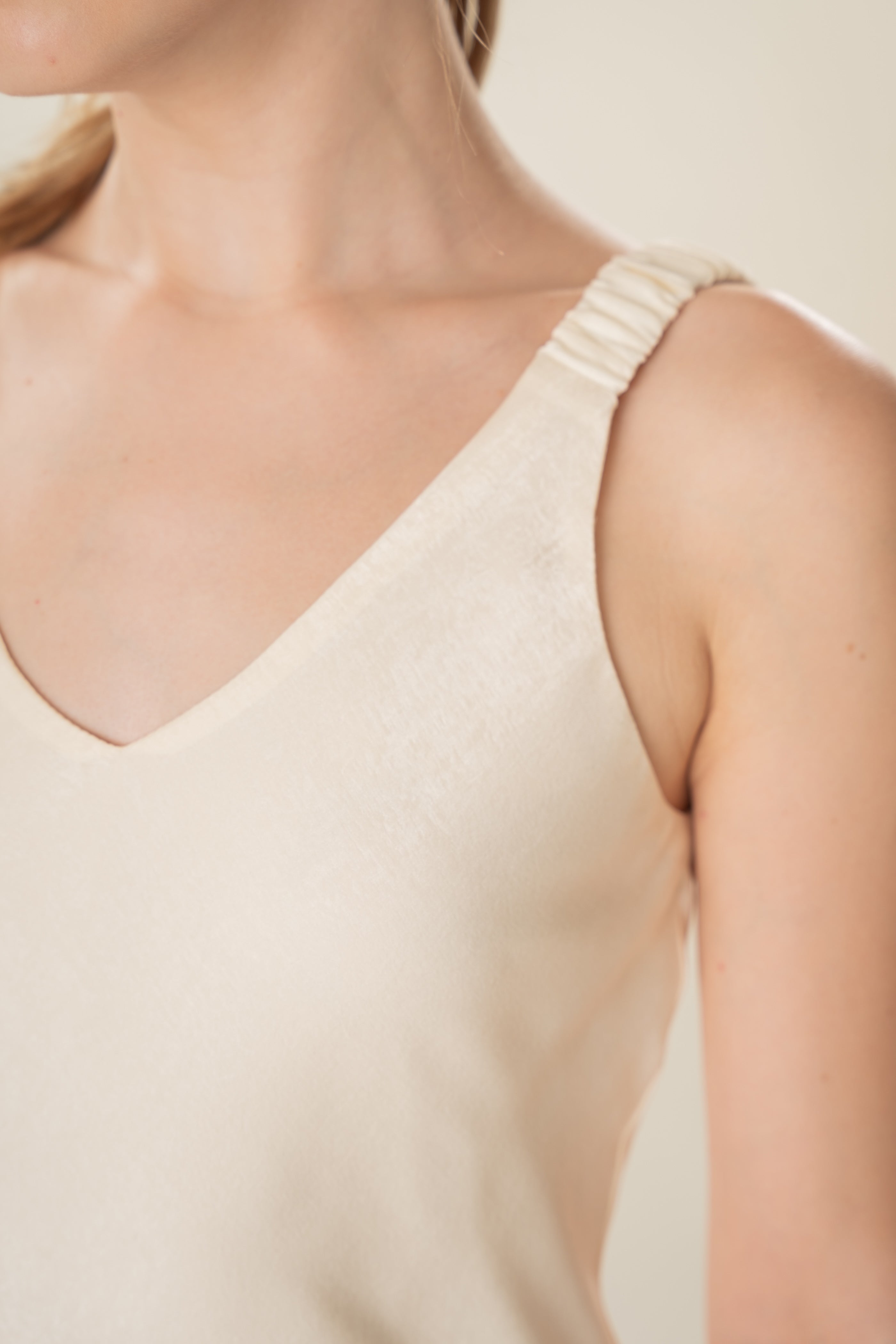 V Neck Slip Dress With Ruched Straps in Ivory