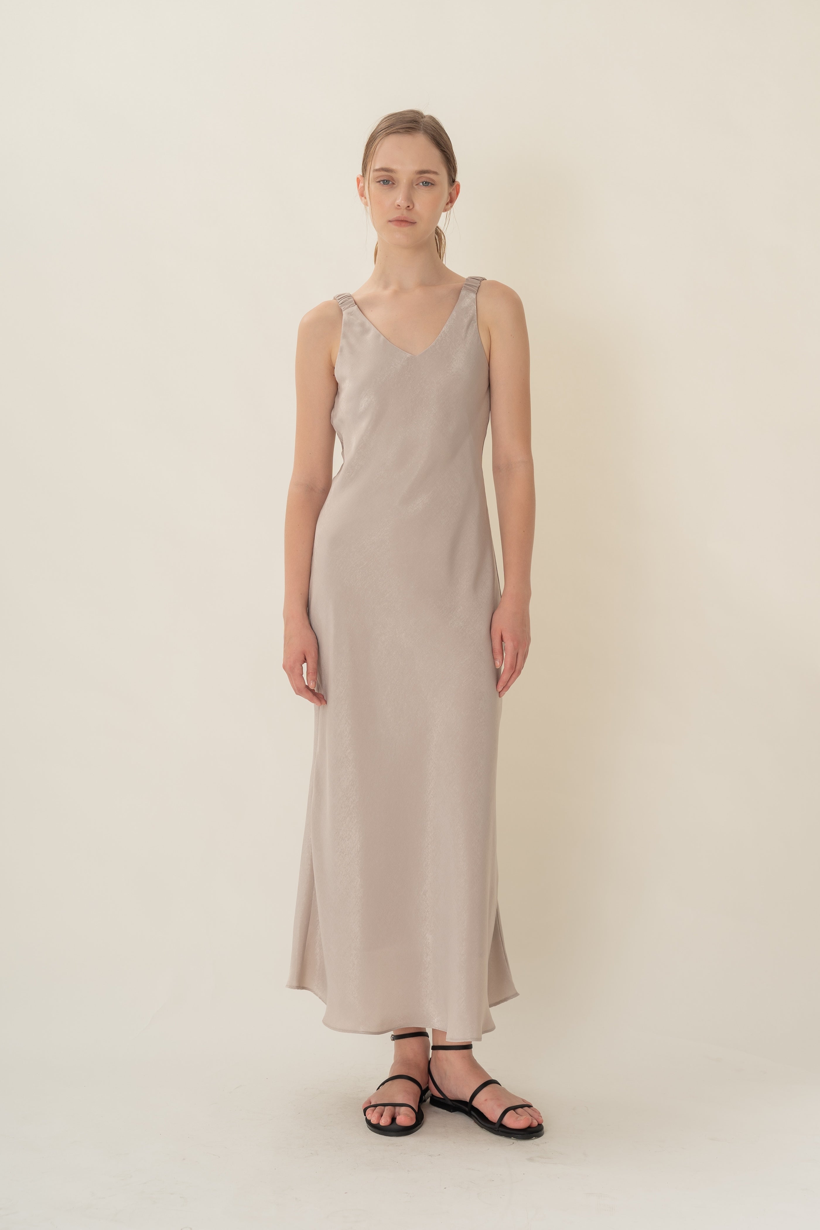 V Neck Slip Dress With Ruched Straps in Warm Grey