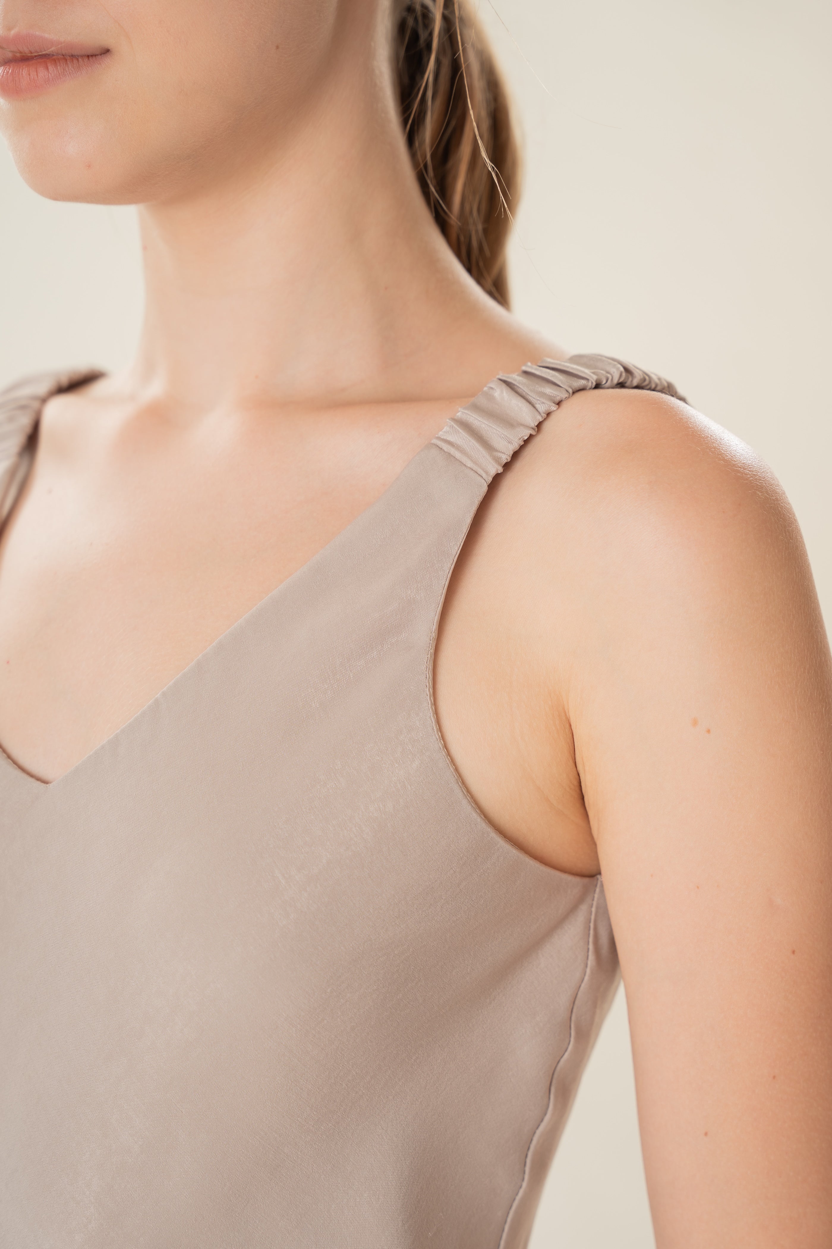 V Neck Slip Dress With Ruched Straps in Warm Grey