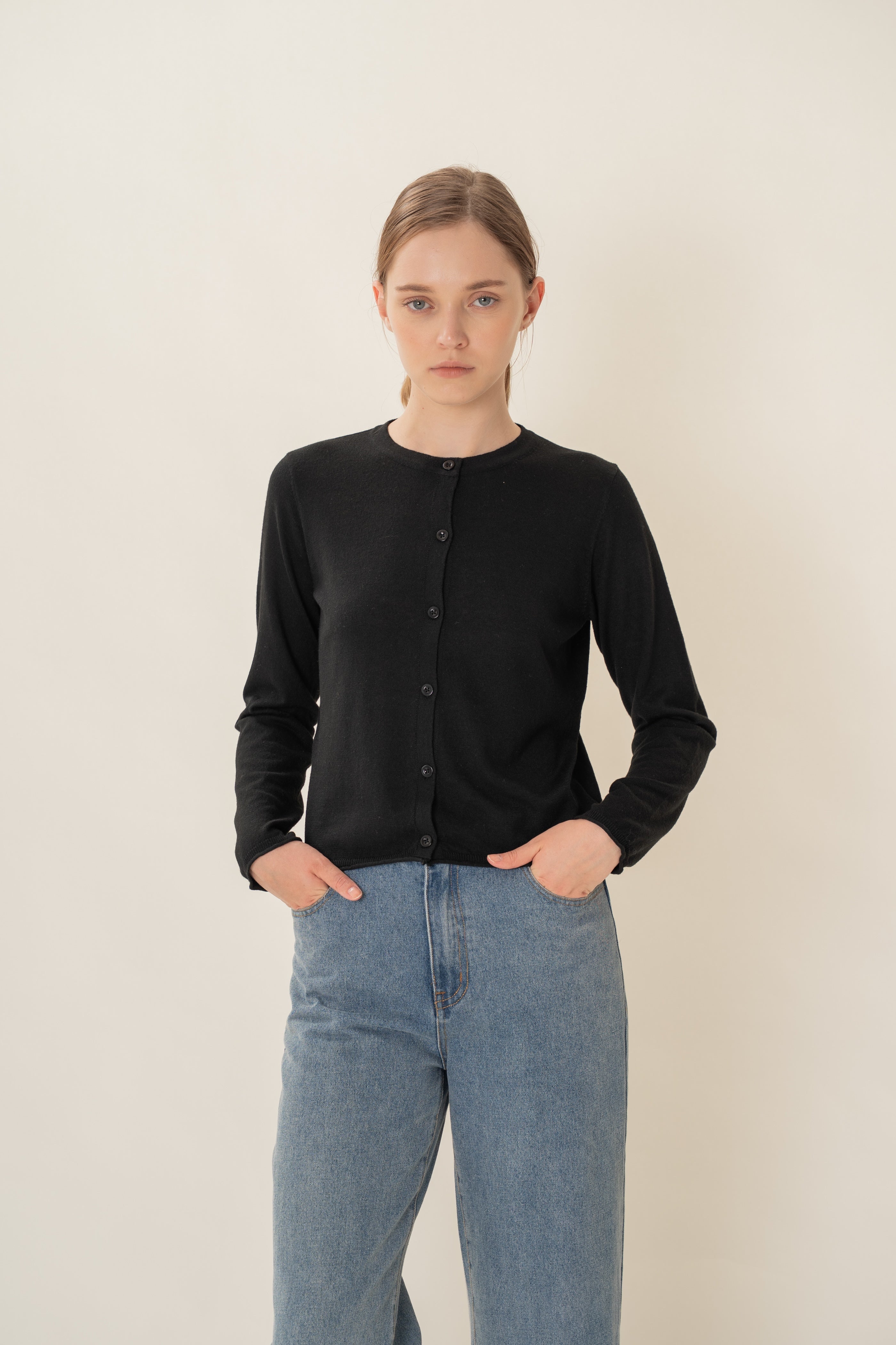 Soft Fold Fine Knit Cardigan in Black