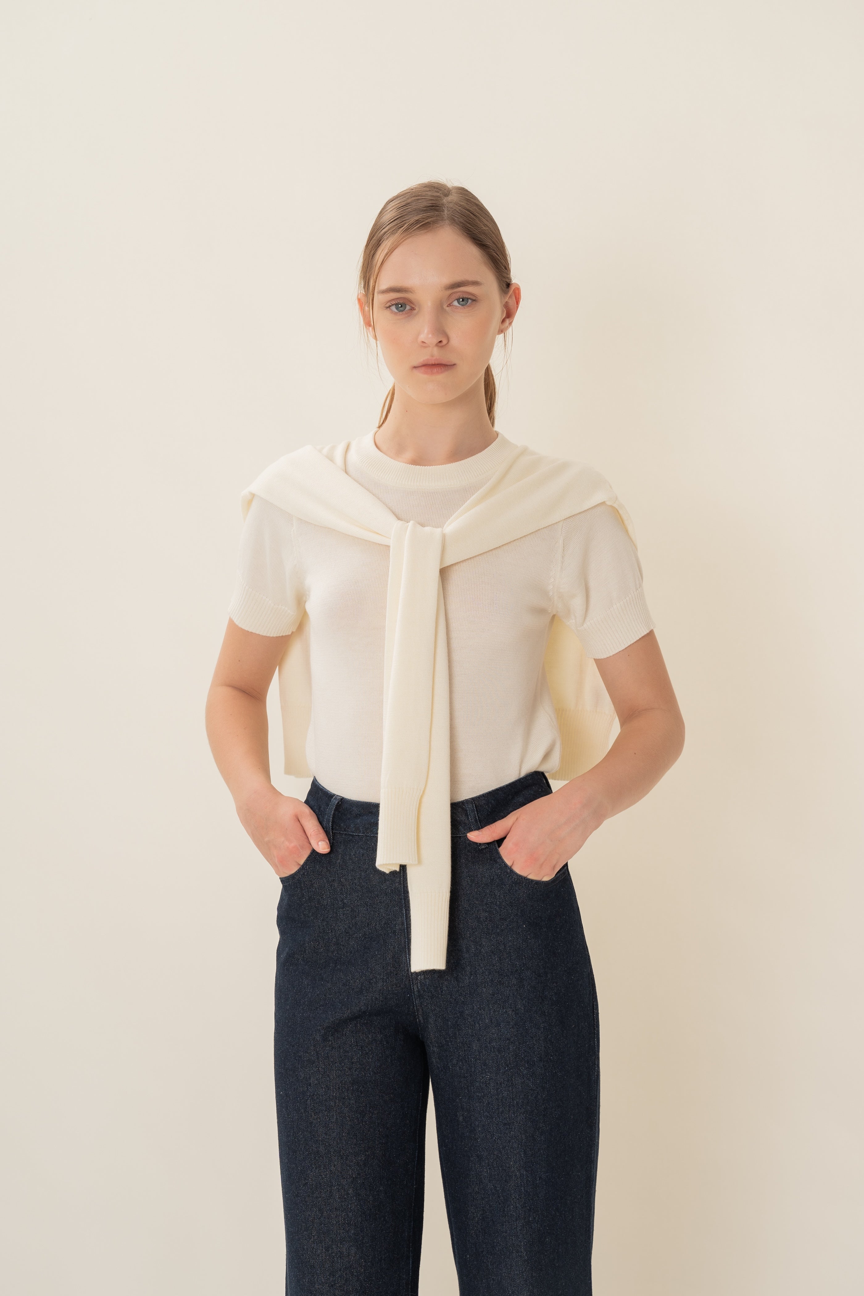 Two-Piece Knitted Short Sleeve Sweater in Ivory