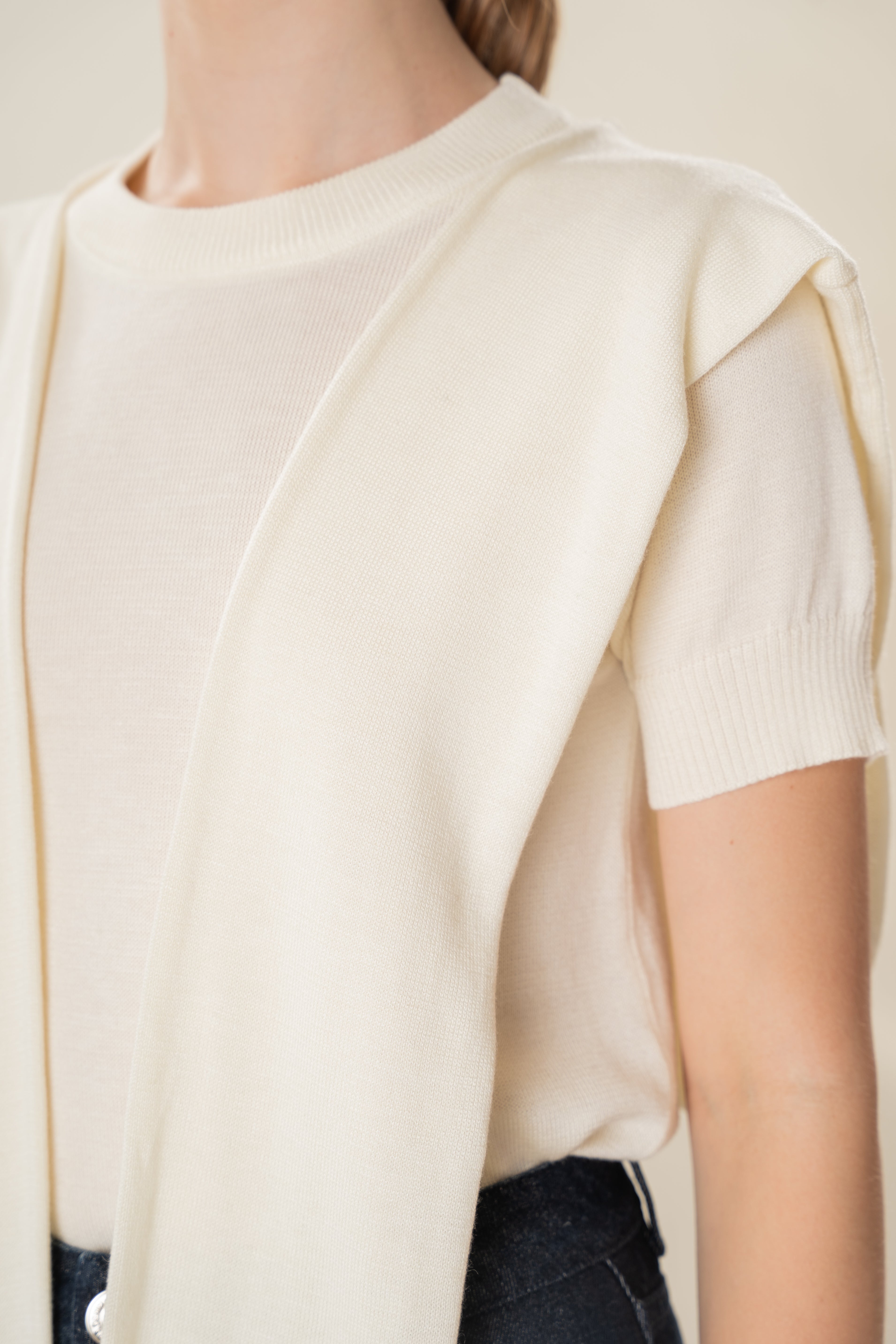 Two-Piece Knitted Short Sleeve Sweater in Ivory
