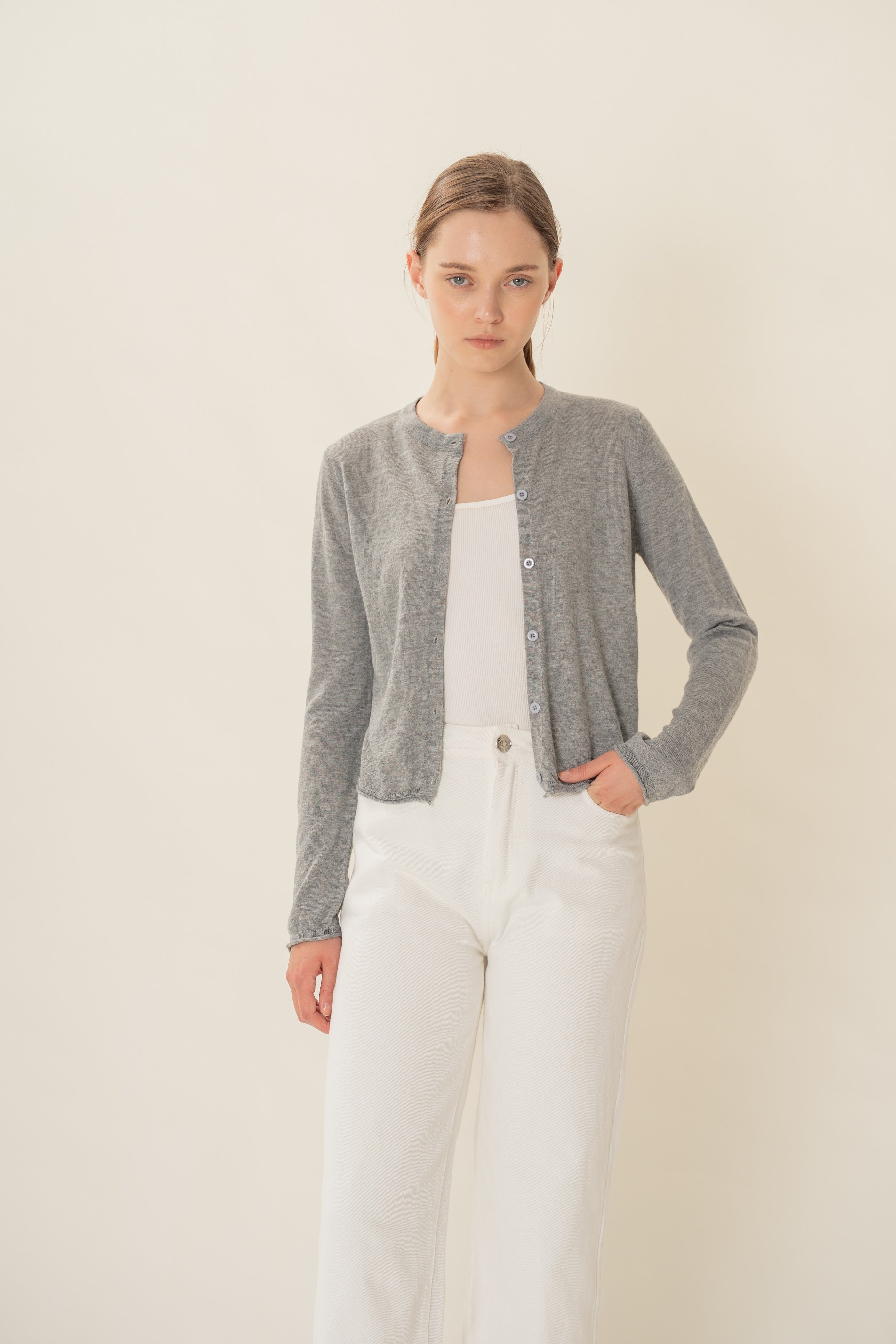 Soft Fold Fine Knit Cardigan in Heather Grey