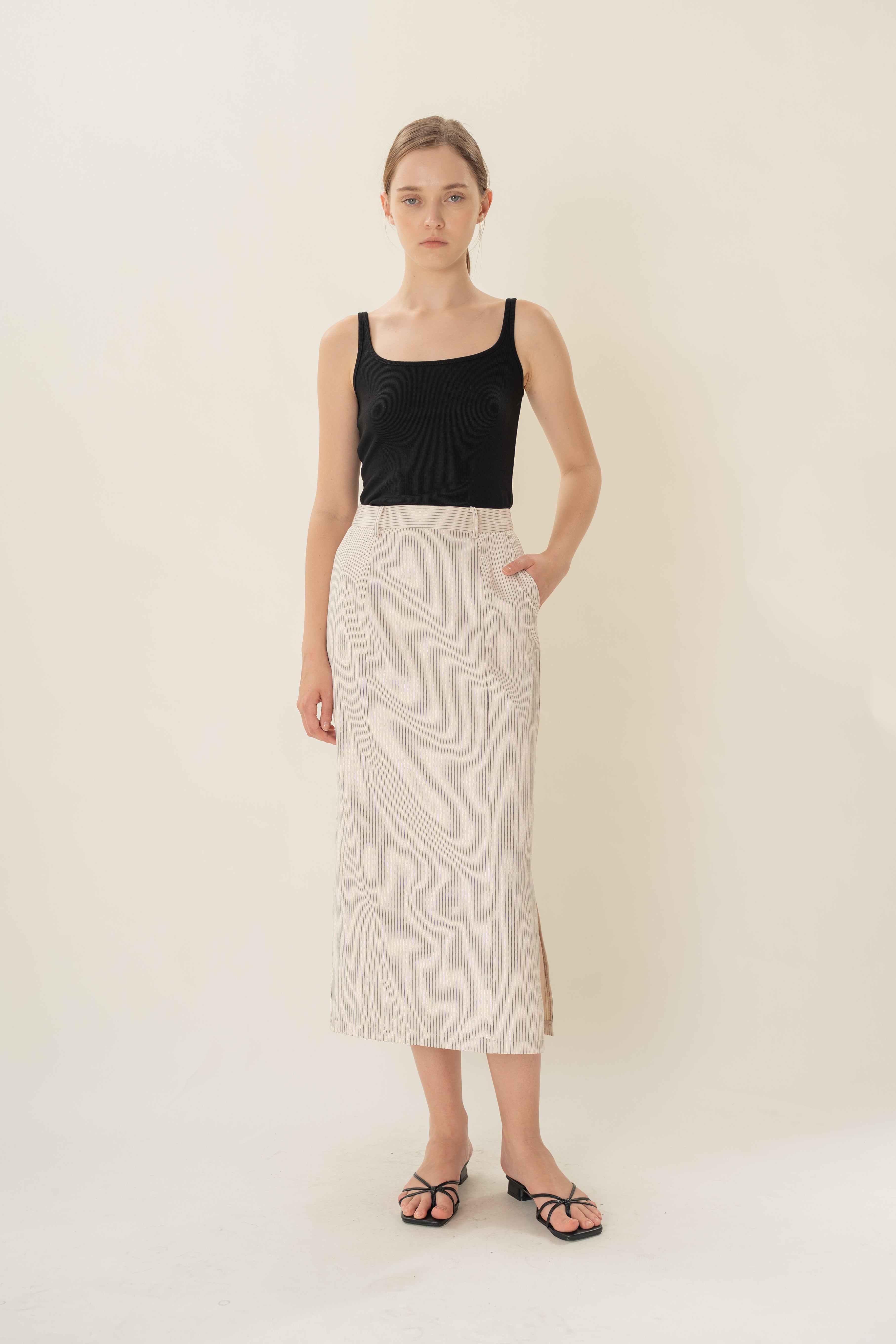 Straight Midi Skirt in Natural Stripes