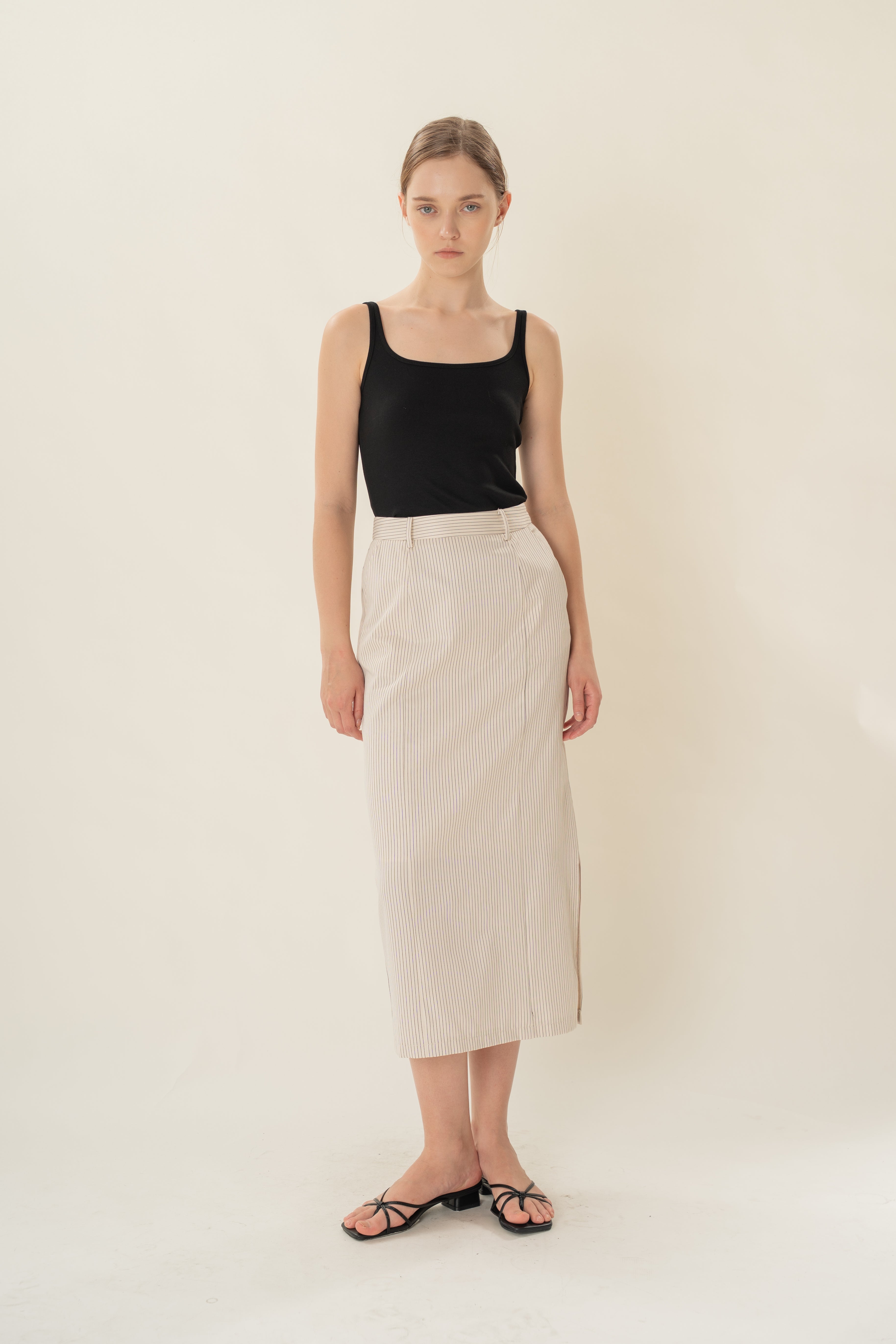 Straight Midi Skirt in Natural Stripes