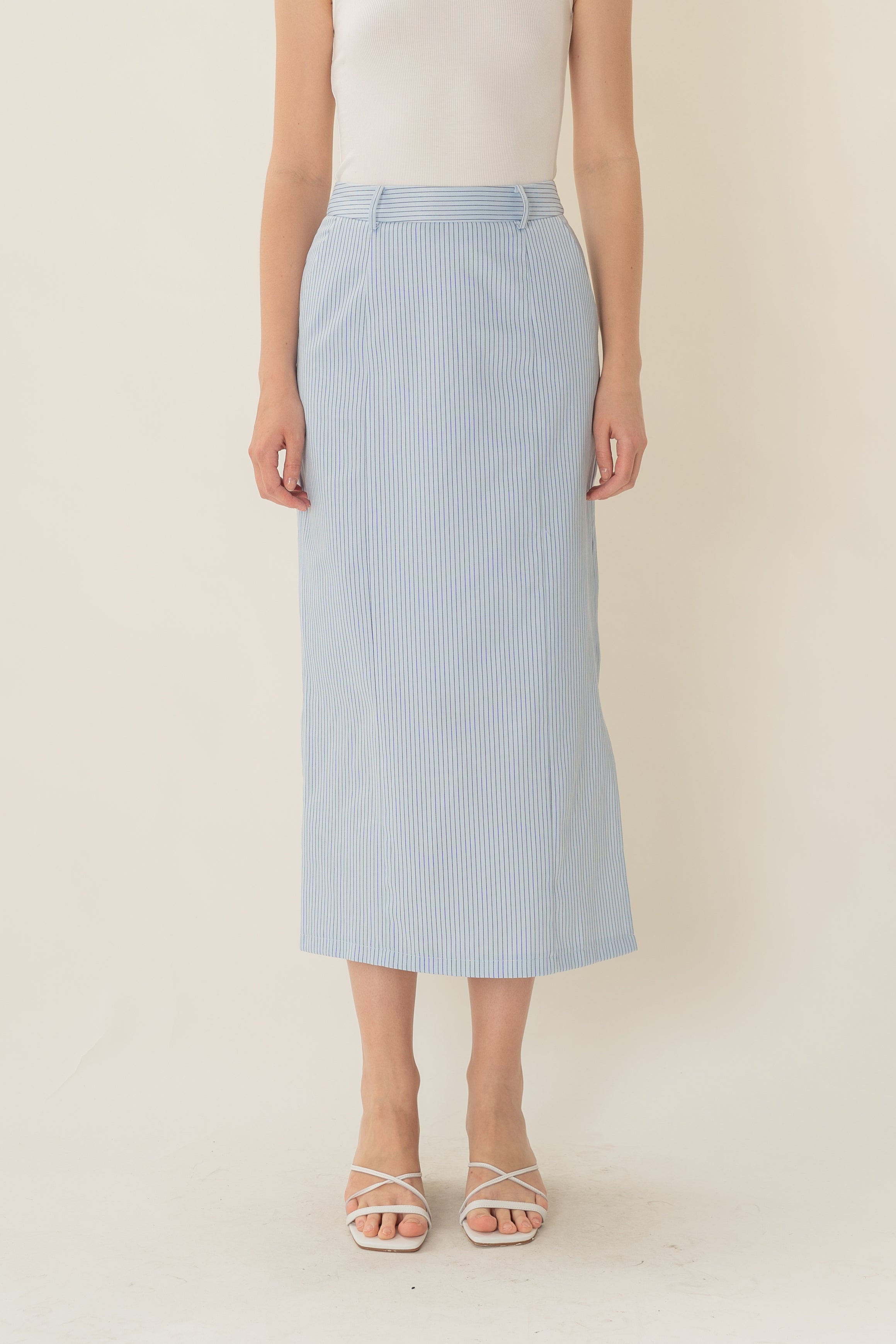 Straight Midi Skirt in Light Blue Stripes