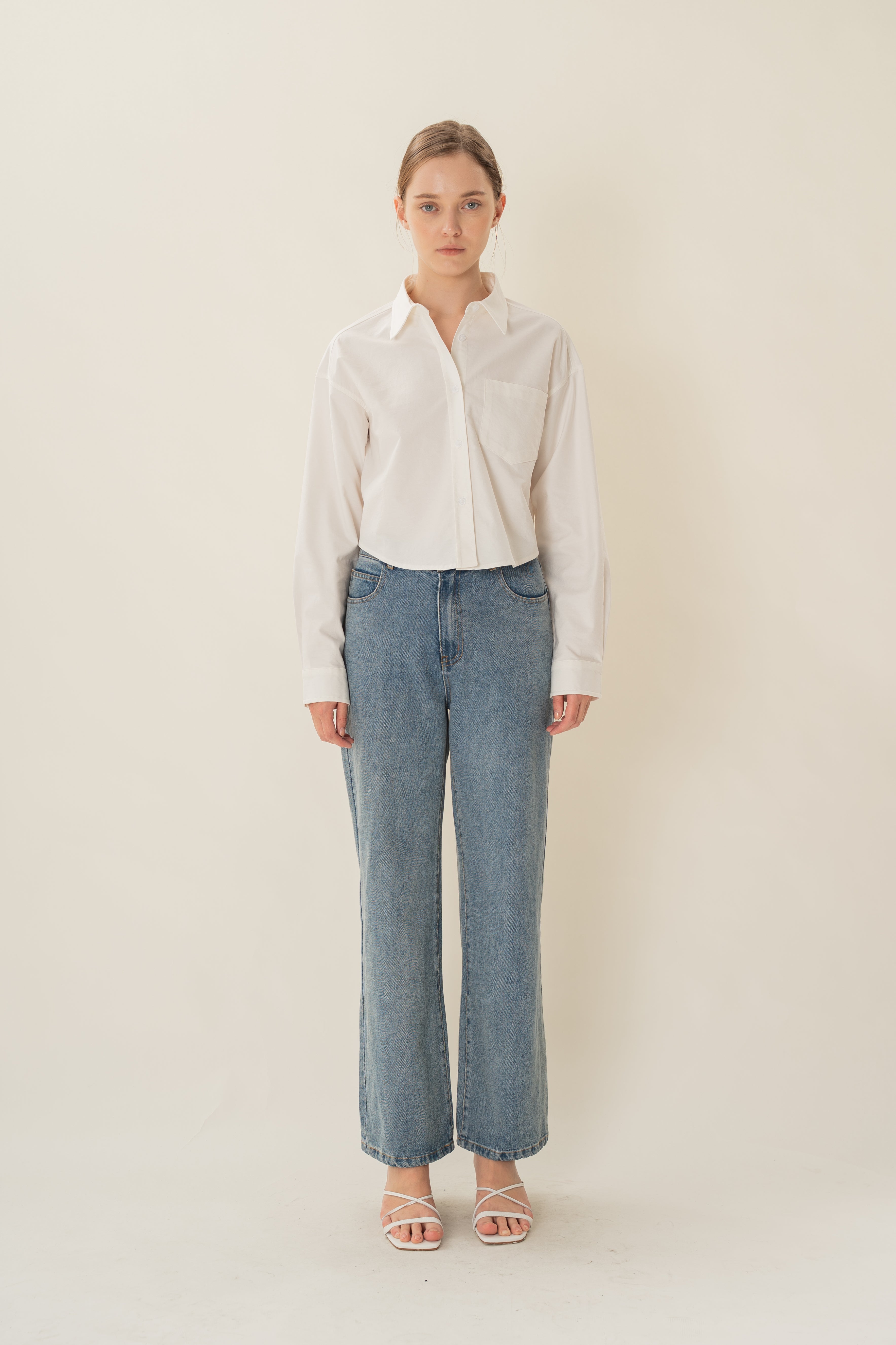 Oxford Long Sleeved Cropped Shirt in White