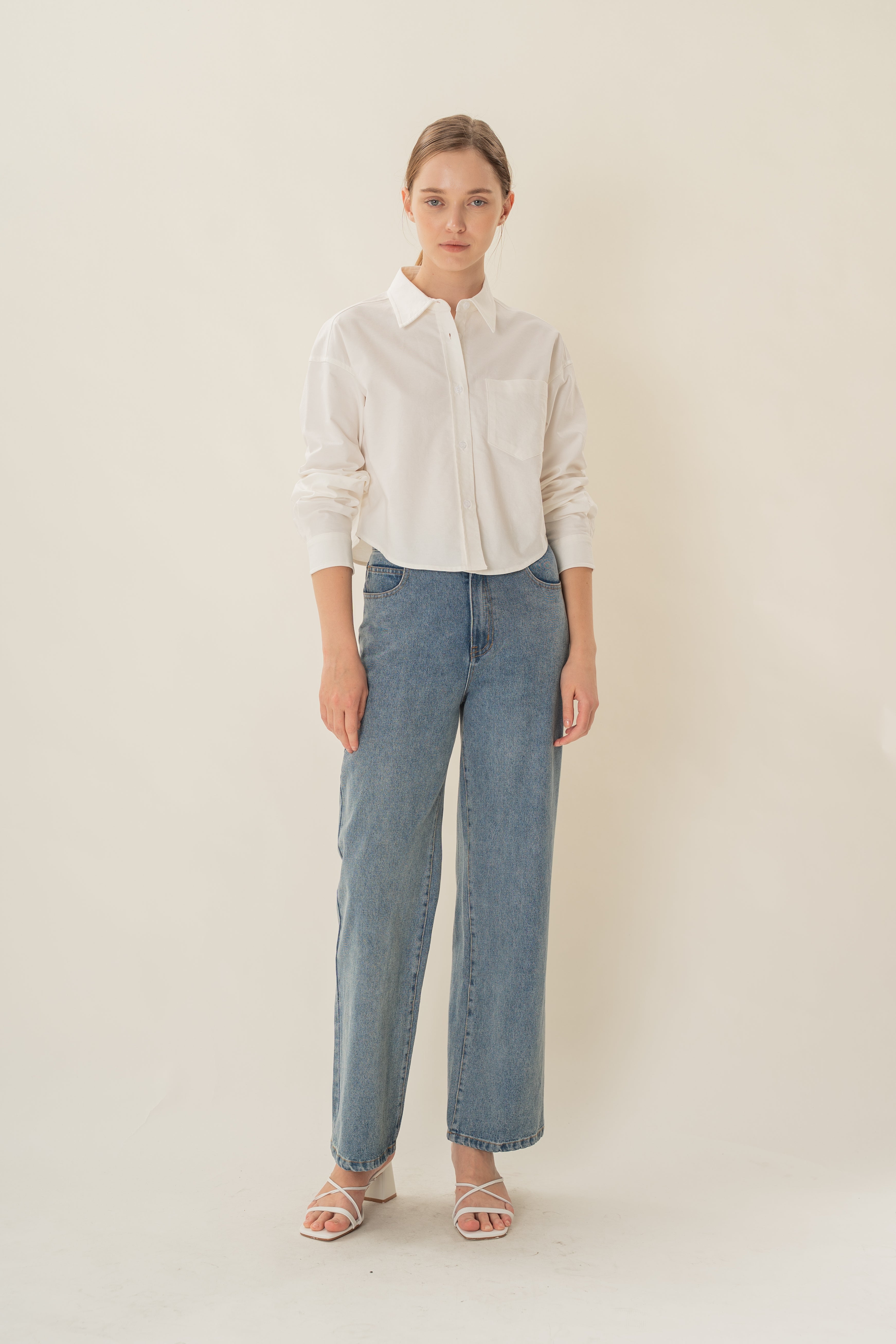 Oxford Long Sleeved Cropped Shirt in White