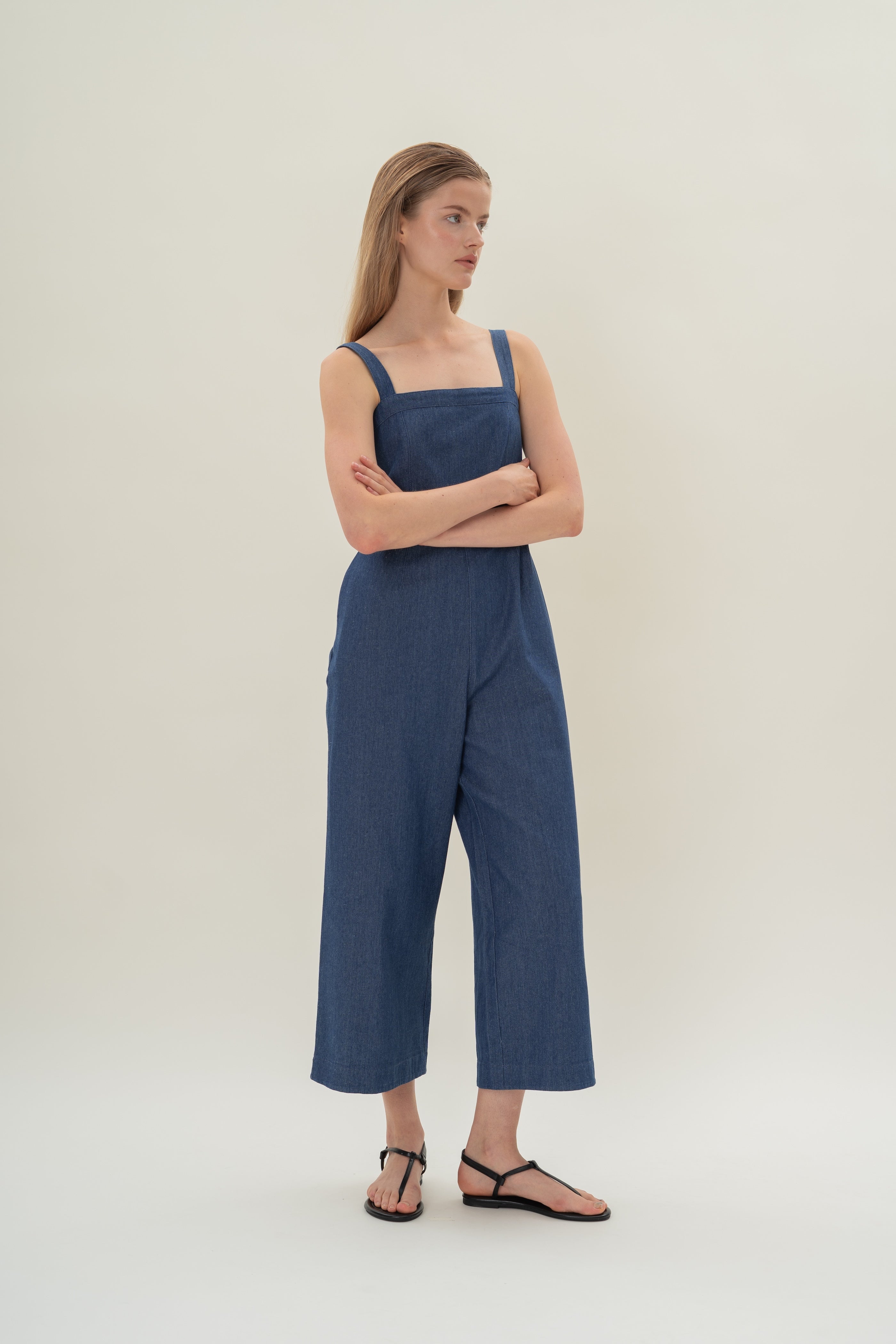 Straight Neckline Denim Jumpsuit in Mid Blue