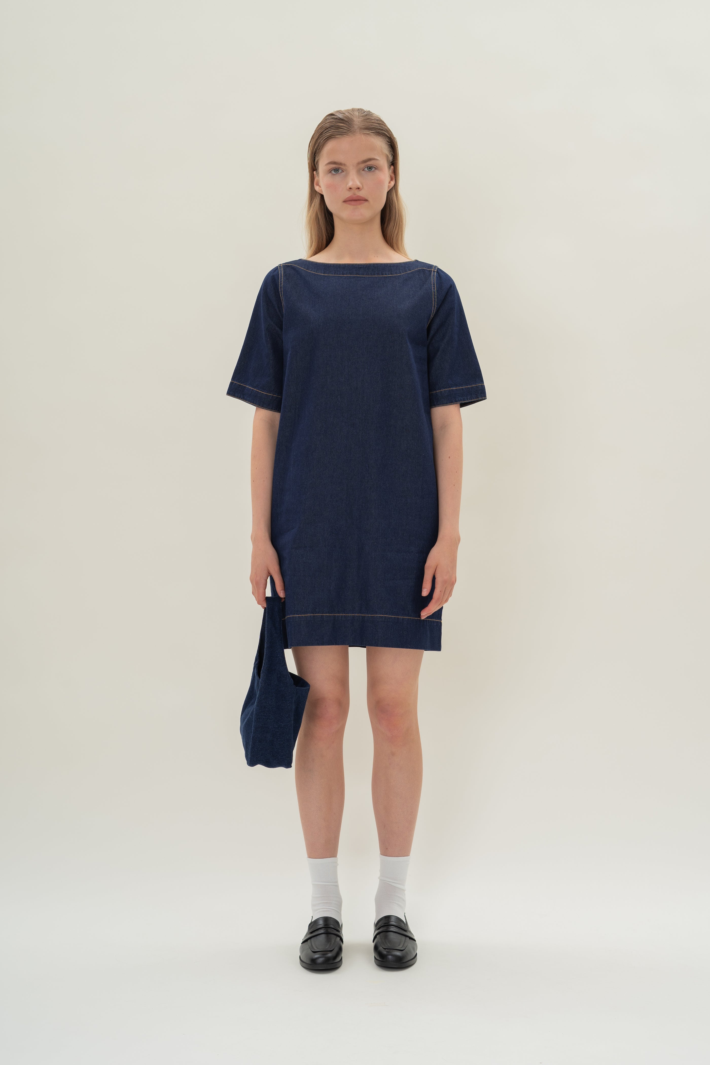 Boat Neck Denim Dress in Dark Wash