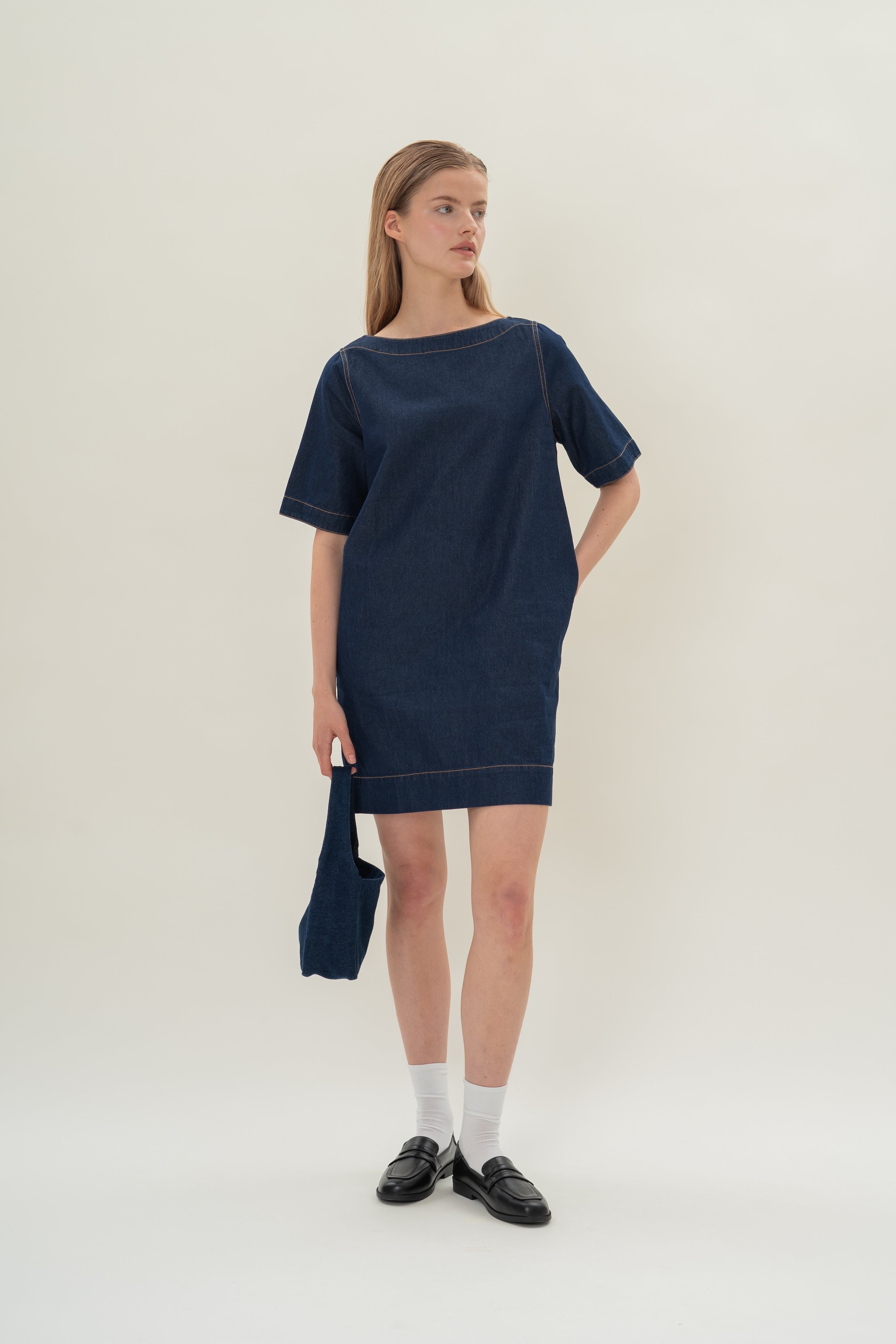 Boat Neck Denim Dress in Dark Wash