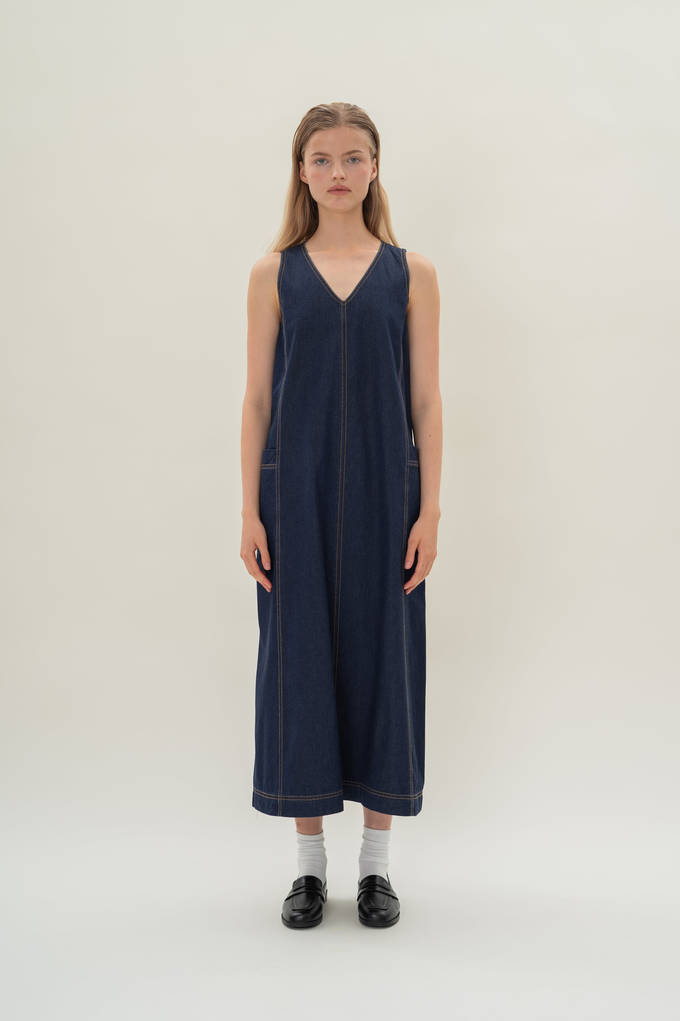 V-Neck Straight Denim Dress in Dark Wash