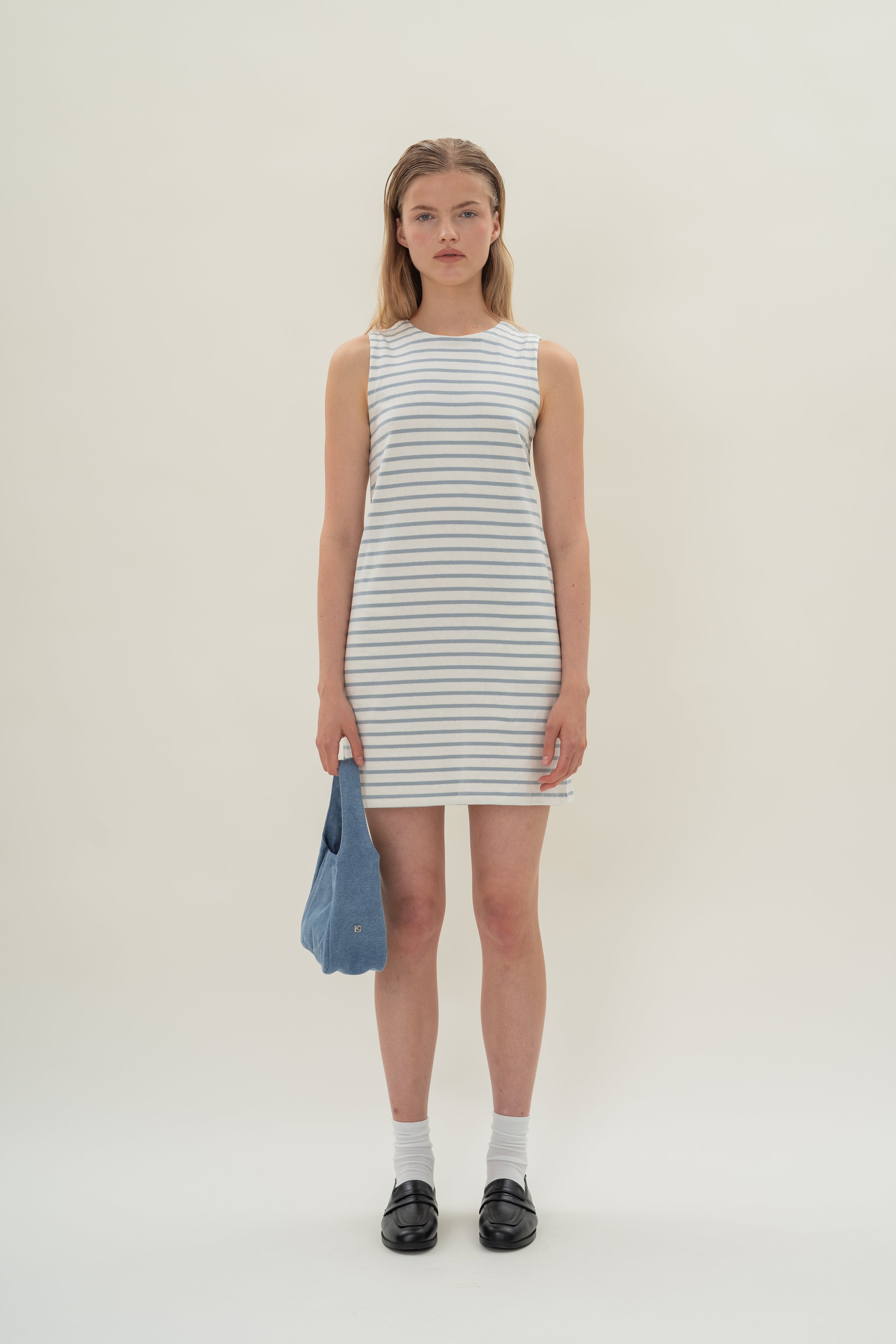 Sleeveless Cotton Jersey Dress in Stripe Blue