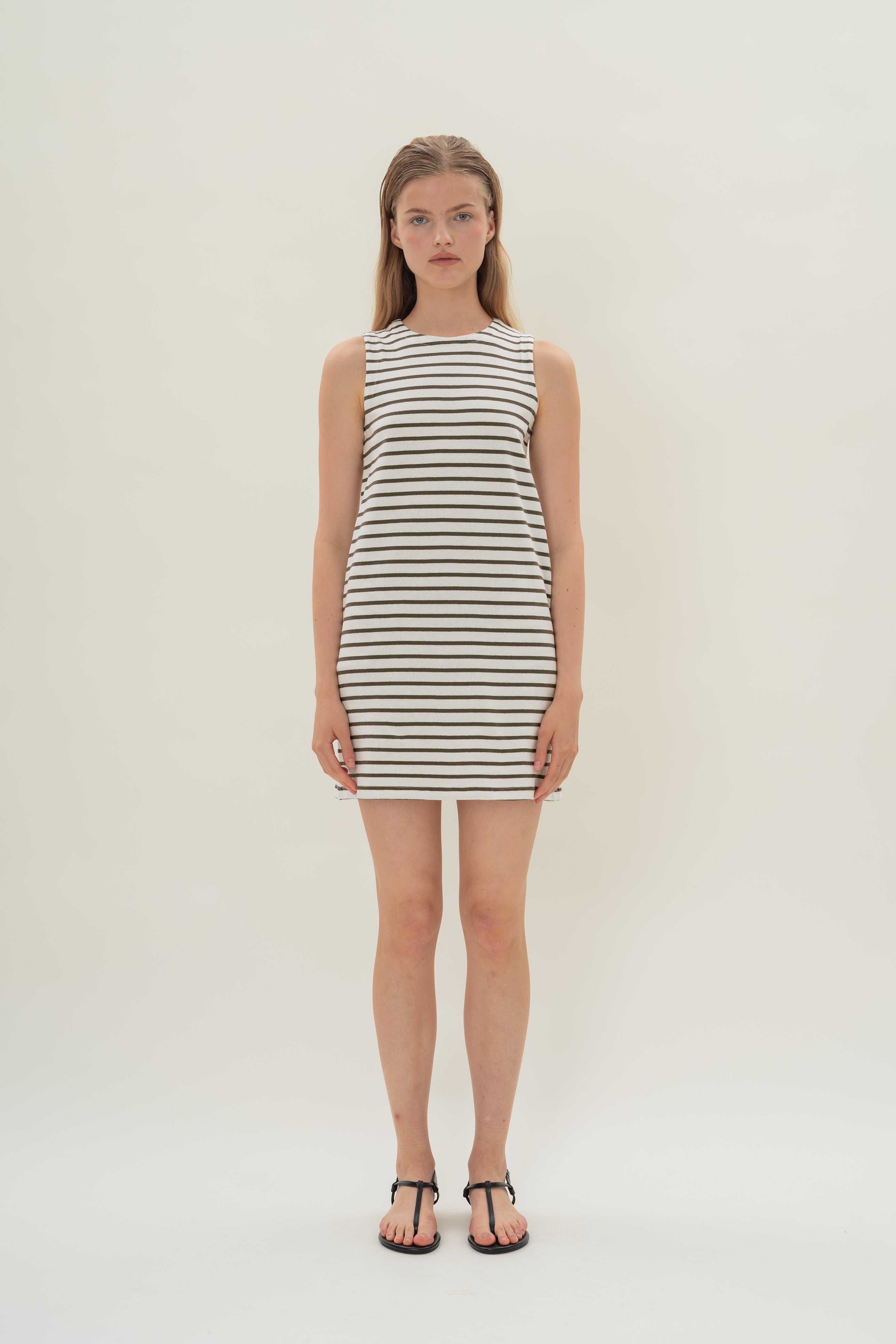 Sleeveless Cotton Jersey Dress in Stripe Olive