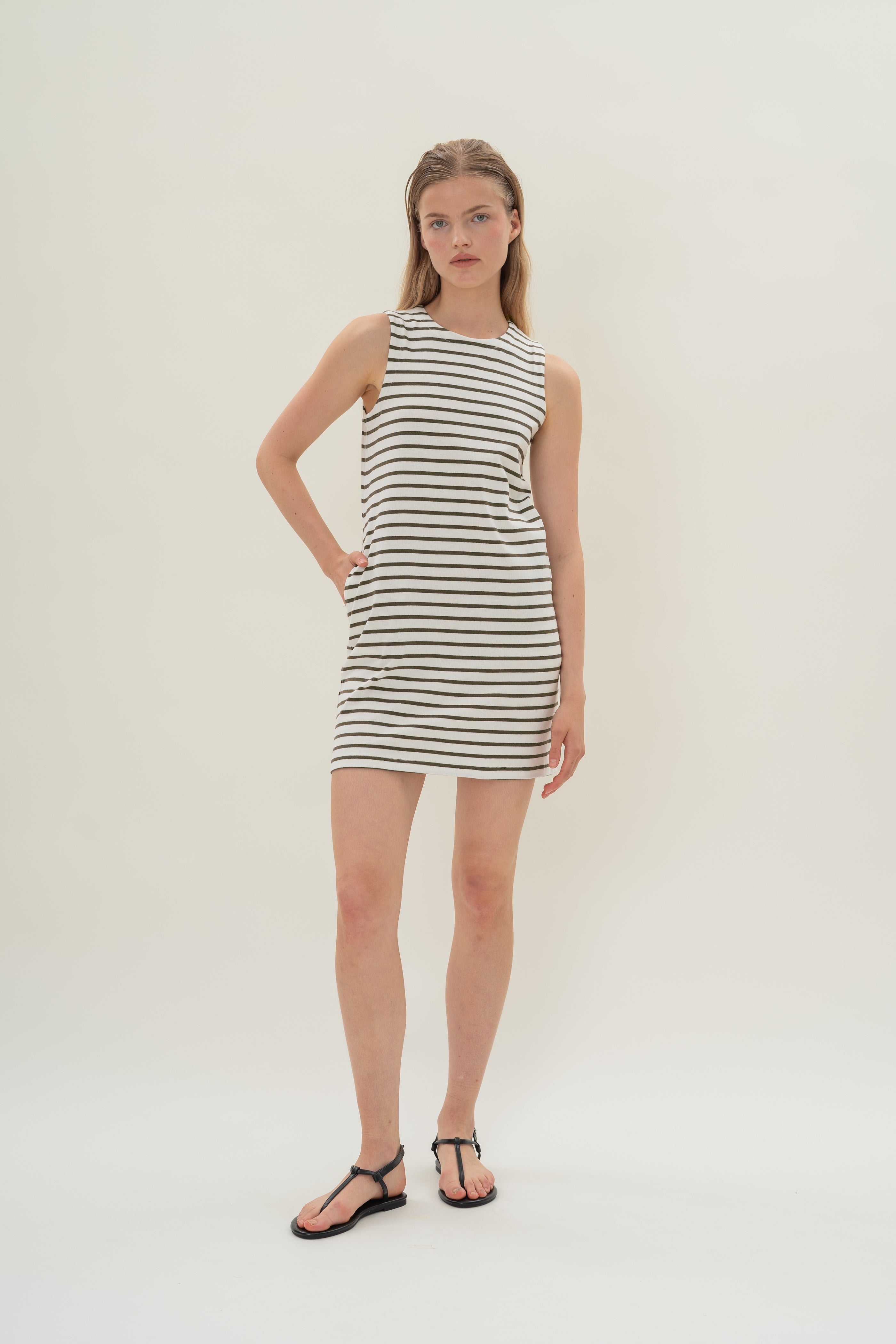 Sleeveless Cotton Jersey Dress in Stripe Olive