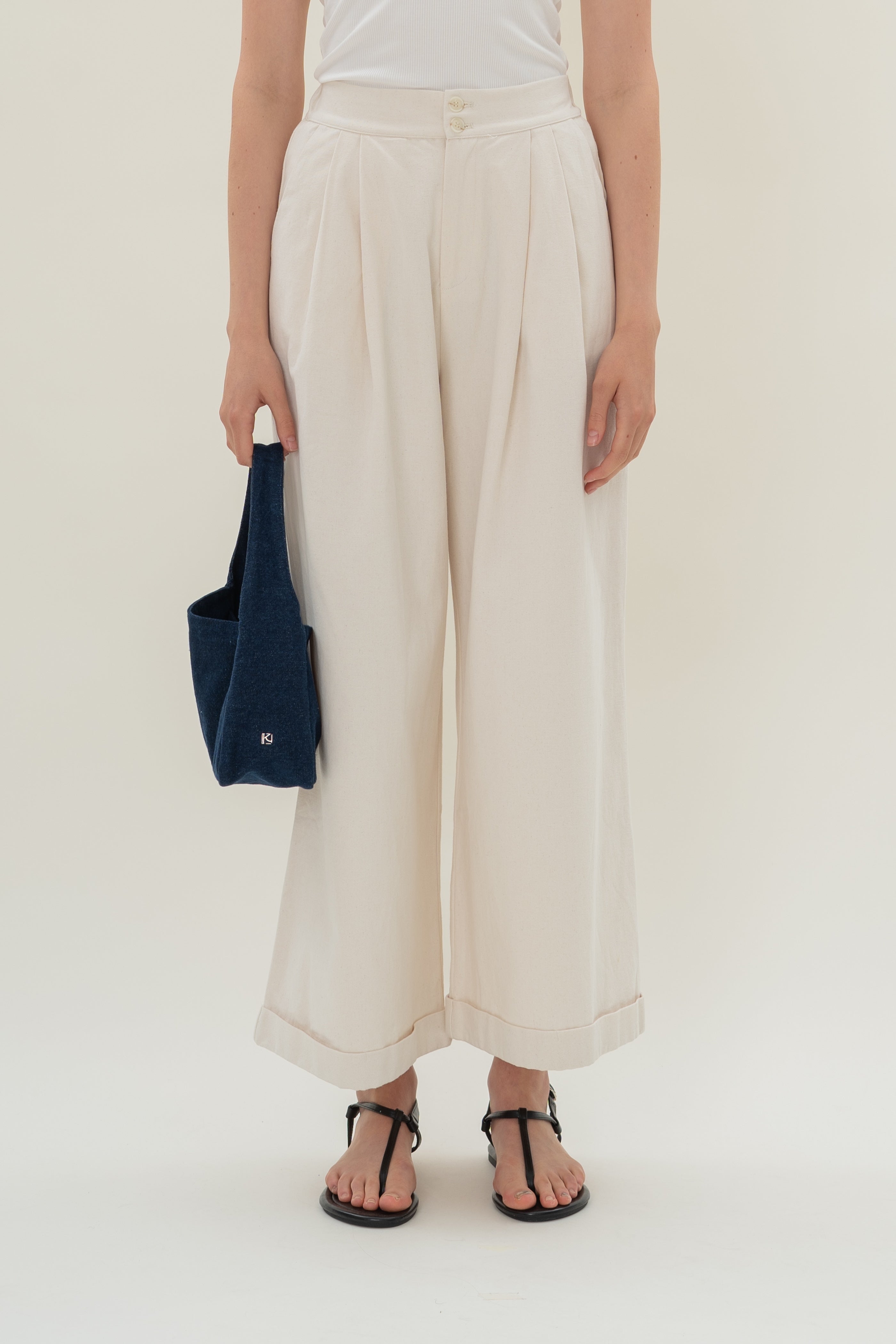 Wide-Leg Pleated Denim Pants in Natural