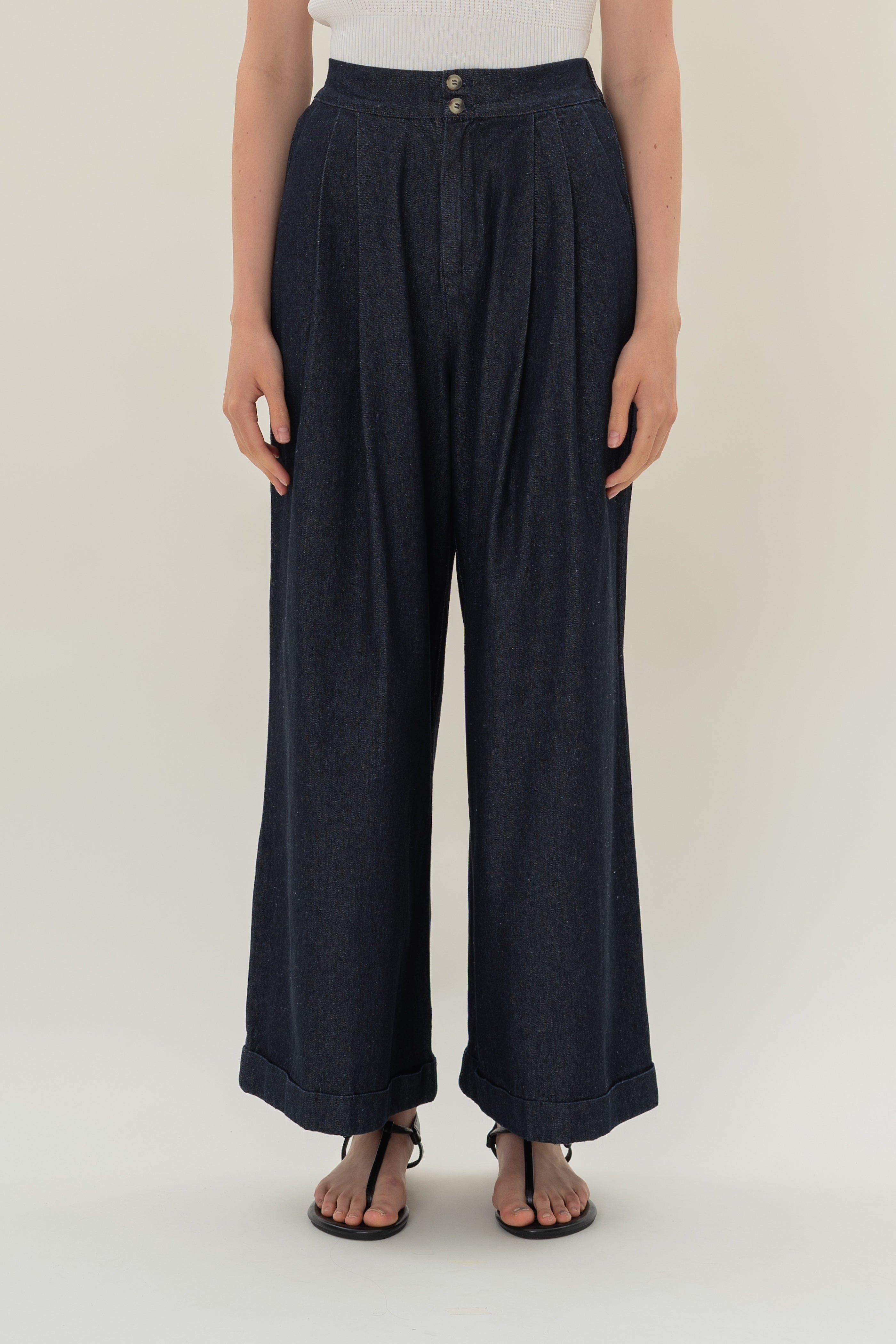 Wide-Leg Pleated Denim Pants in Dark Wash